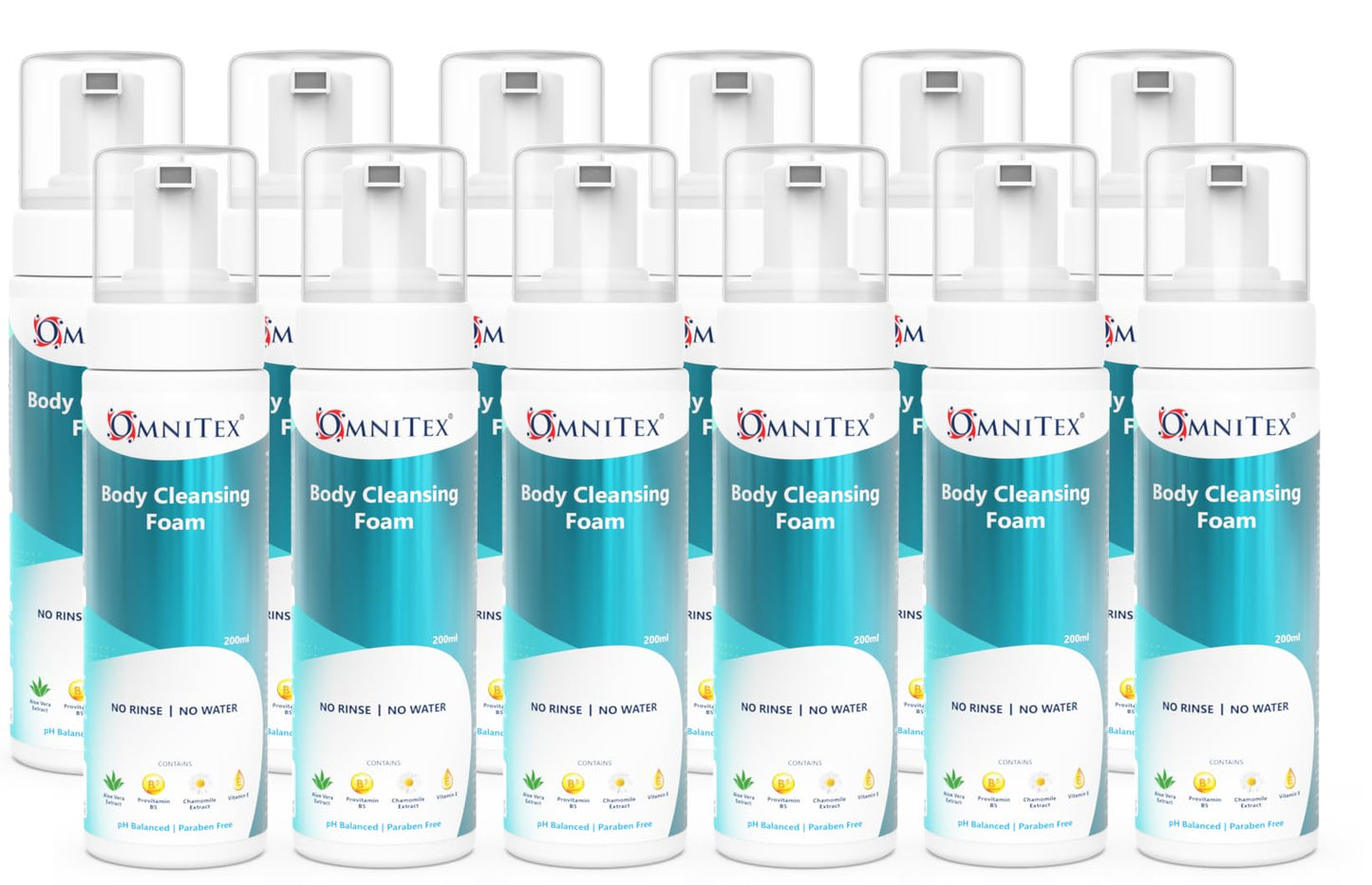 12x 200ml Omnitex Rinse Free Body Cleansing Foam, With Herbal Oils & Vitamins | No Water - No Rinse Body Wash | Clean, Nourish & Protect, No Parabens,