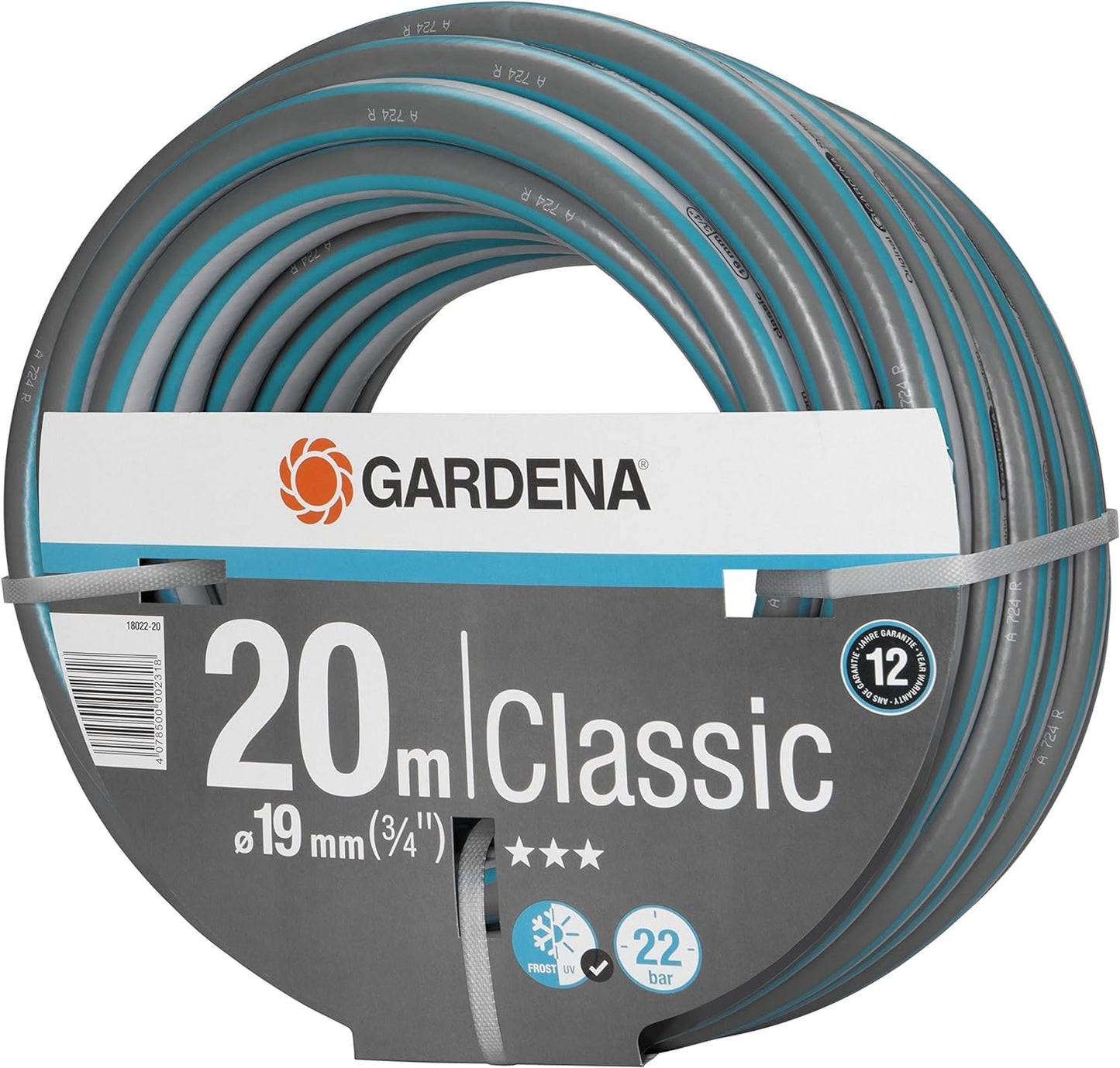 Gardena Classic Hose 19 mm (3/4 inch), 20 m: Universal Garden Hose Made of Sturdy Cross Fabric, 22 bar Bursting Print, Frost/UV-Resistant, Without