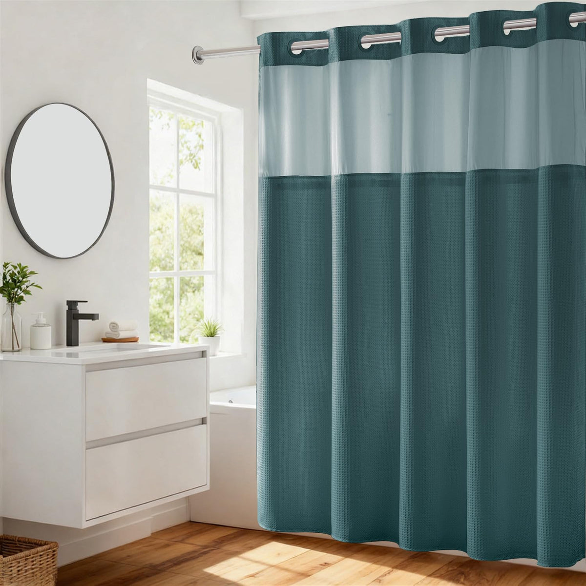 River Dream No Hooks Required Waffle Weave Shower Curtain with Snap in Liner - 71W x 74H,Hotel Grade,Spa Like Bath Curtain,Teal