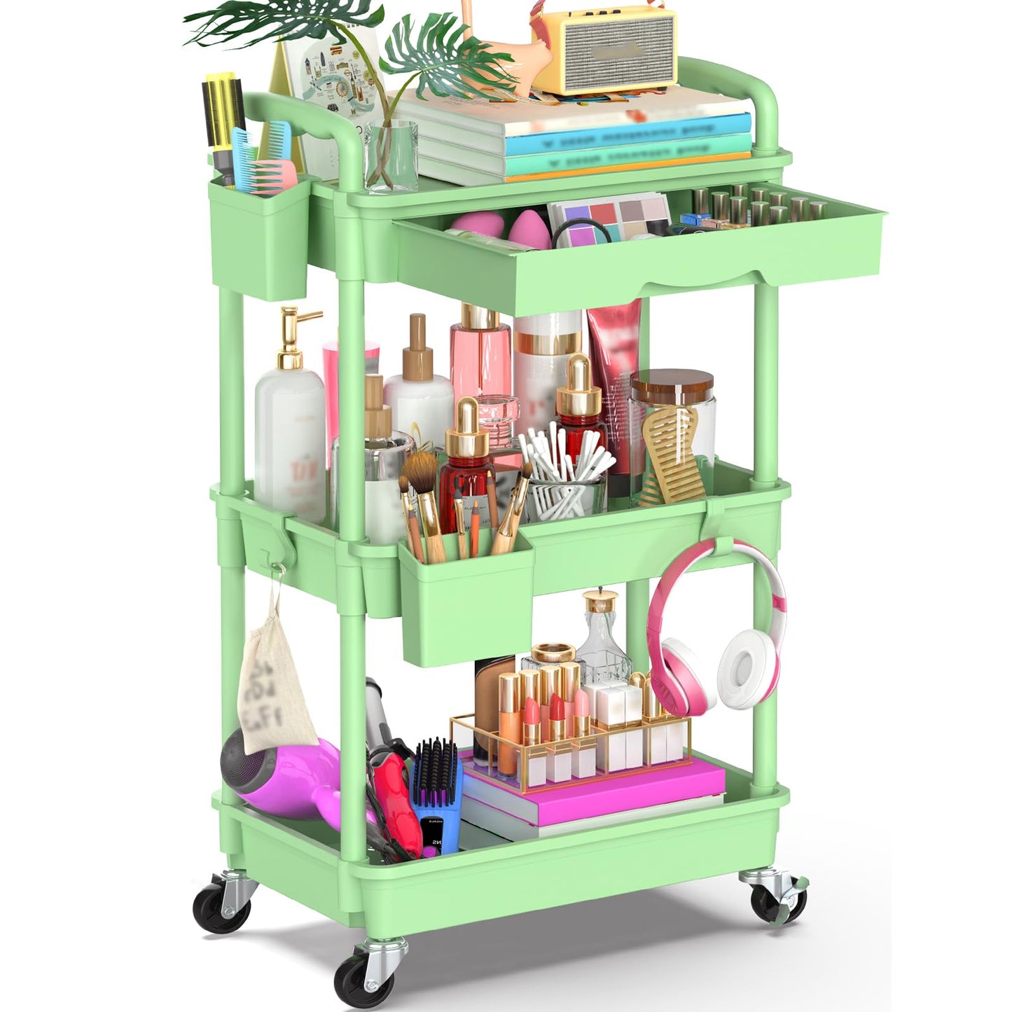 Yeabett 3 Tier Craft Trolley, Storage Trolley On Wheels Utility Cart With Drawer For Kitchen, Bathroom, Office, Living Room, Green
