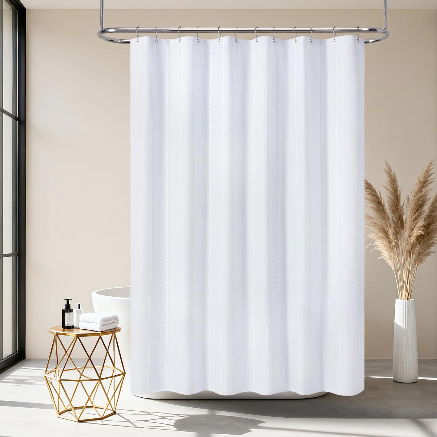 VANZAVANZU White Stripe Shower Curtain Bohemain with 12 Free Stainless Steel Hooks ? Durable, Water-Resistant, and Modern Design for Bathroom 190 *