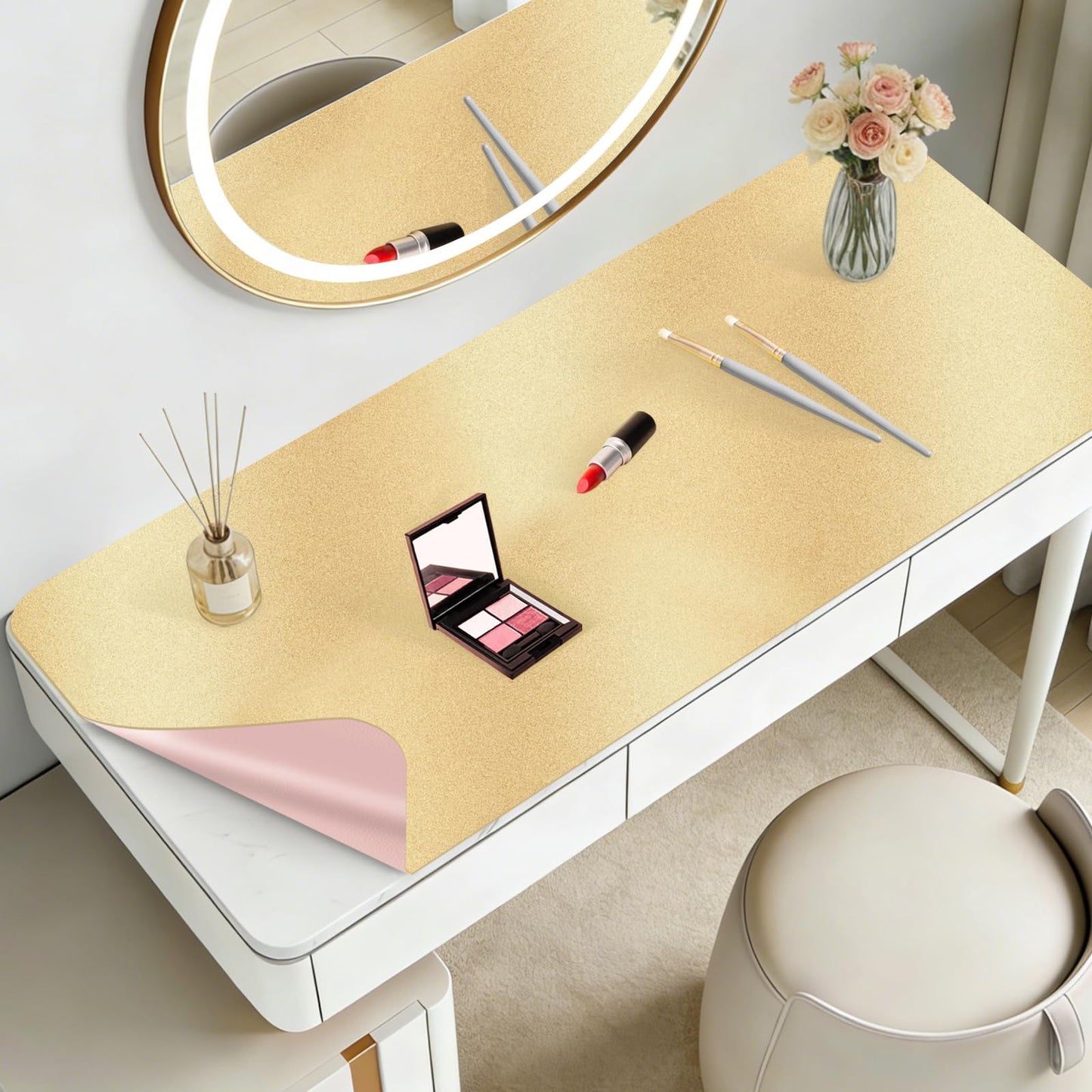 Dressing Table Mat Protector for Makeup Vanity, 60x30cm, Gold and Pink