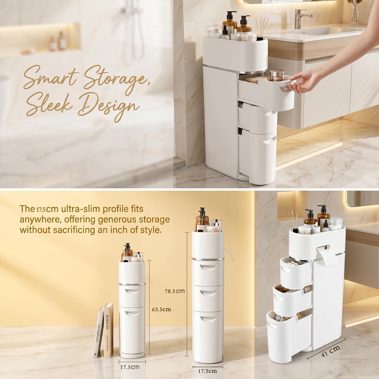 Slim Bathroom Storage Cabinet 4 Tier, Narrow Floor Standing Storage Unit with 3 Drawers & Toilet Paper Holder