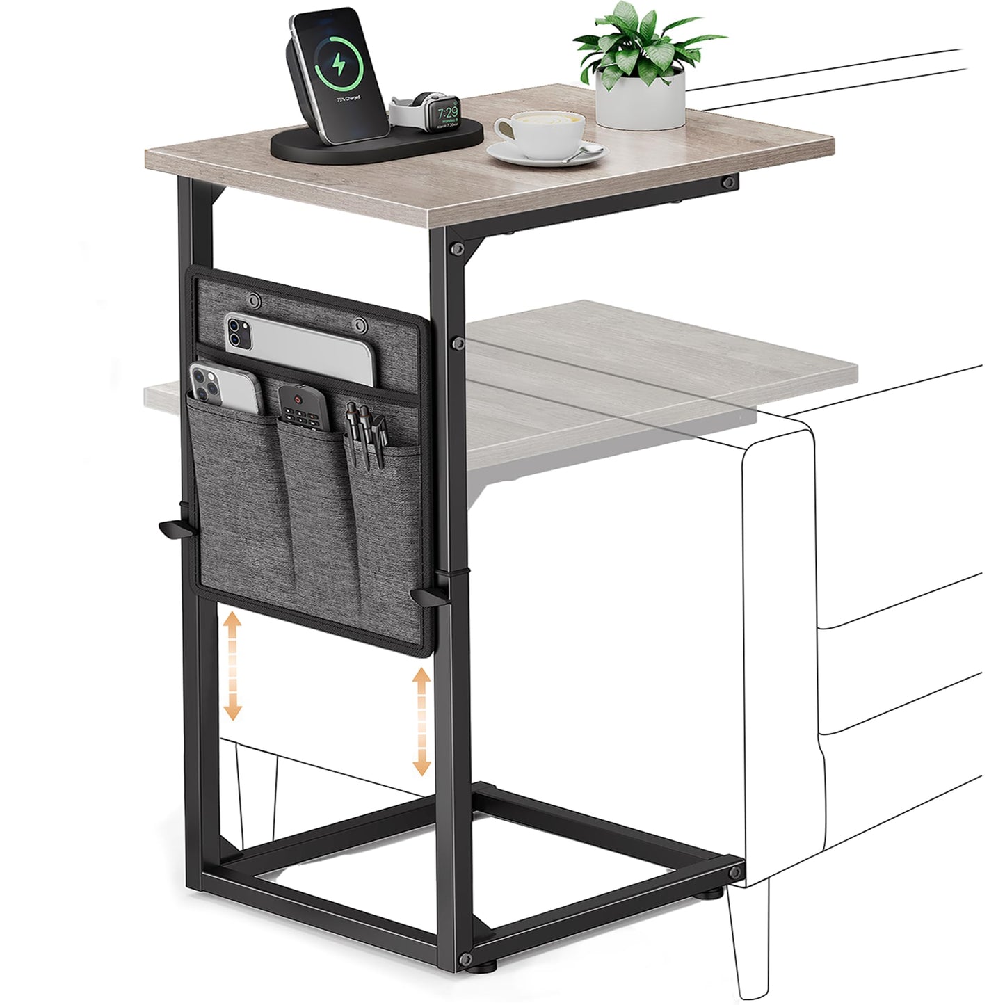 Vagusicc C-Shaped Side Table, Height Adjustable Sofa Side Table, Bedside Table with Cloth Storage Bag, C Tables End Table for Small Spaces