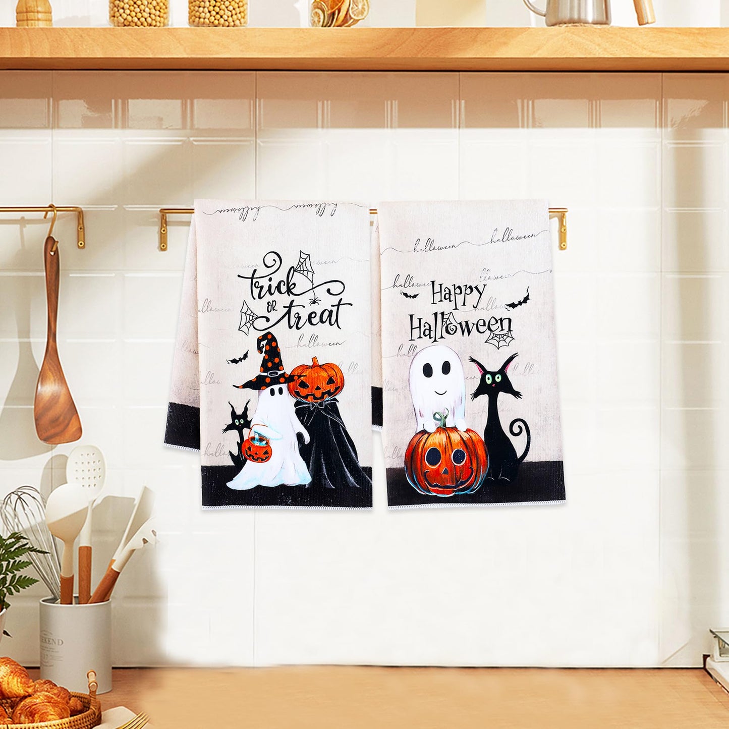 Dmnnlp 2 Pcs Halloween Kitchen Dish Towel, 45x70cm Pumpkin Ghost Black Cat Halloween Tea Towels Washcloths Cleaning Cloths