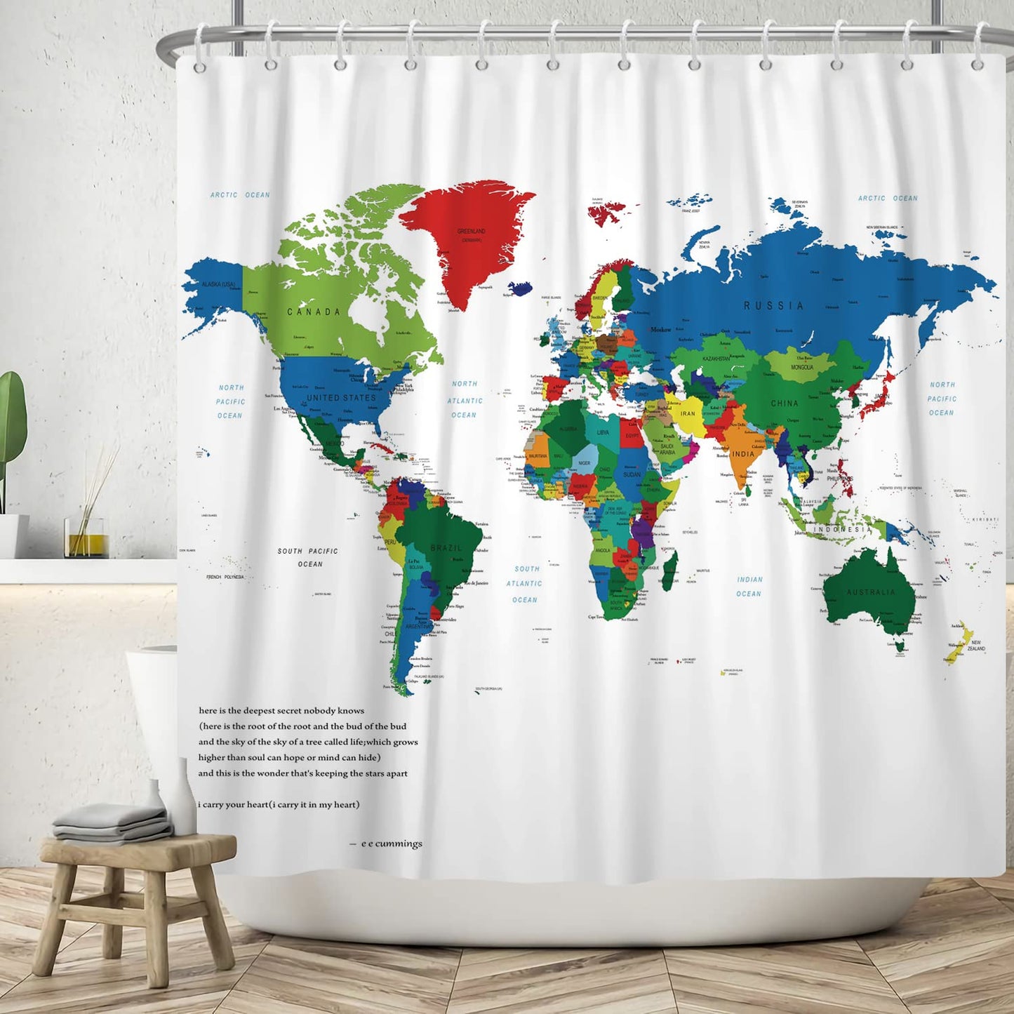 ASDCXZ World Map Shower Curtain 180x180 cm, Modern Simplicity Colorful World Map White Bath Washable Shower Curtains Polyester Textile Waterproof Bath