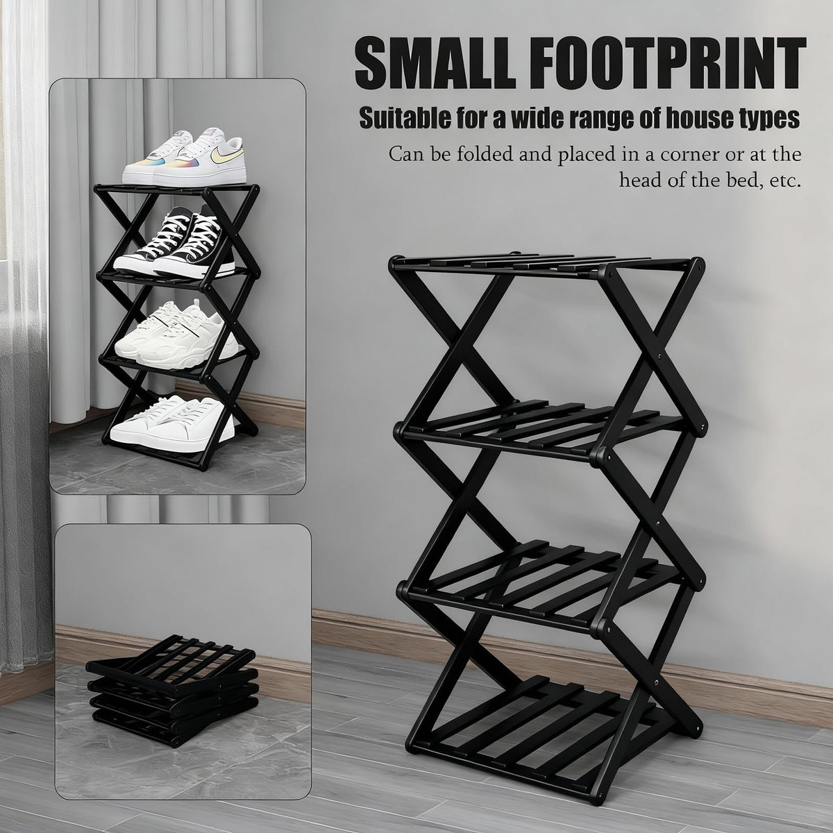 GIRYES Small Shoe Rack Black, 4 Tier Bamboo Foldable Shoes Organizer Free Standing Shelf for Entryway, Bedrooms, Closet, Living Room Corner