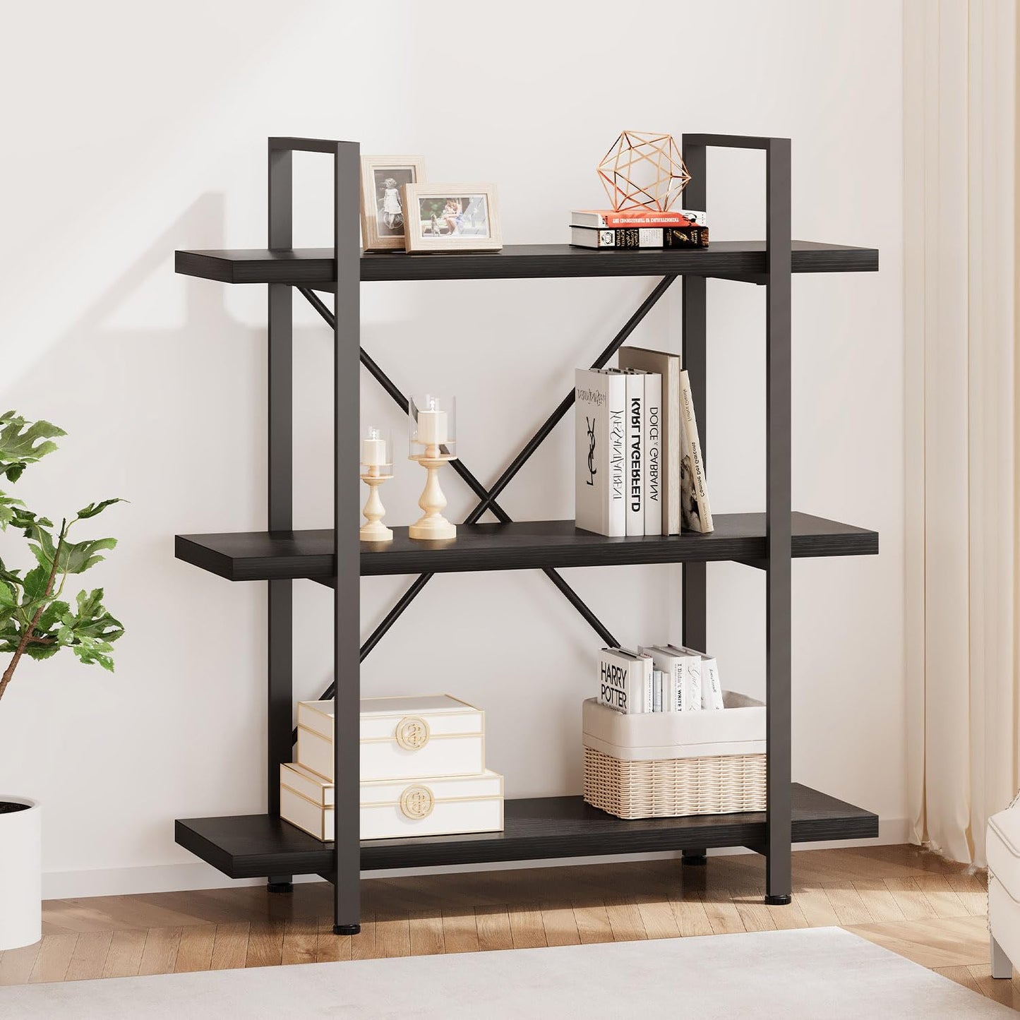 HSH 3 Tier BookShelf Farmhouse Storage Bookcases Modern Shelf Black Oak