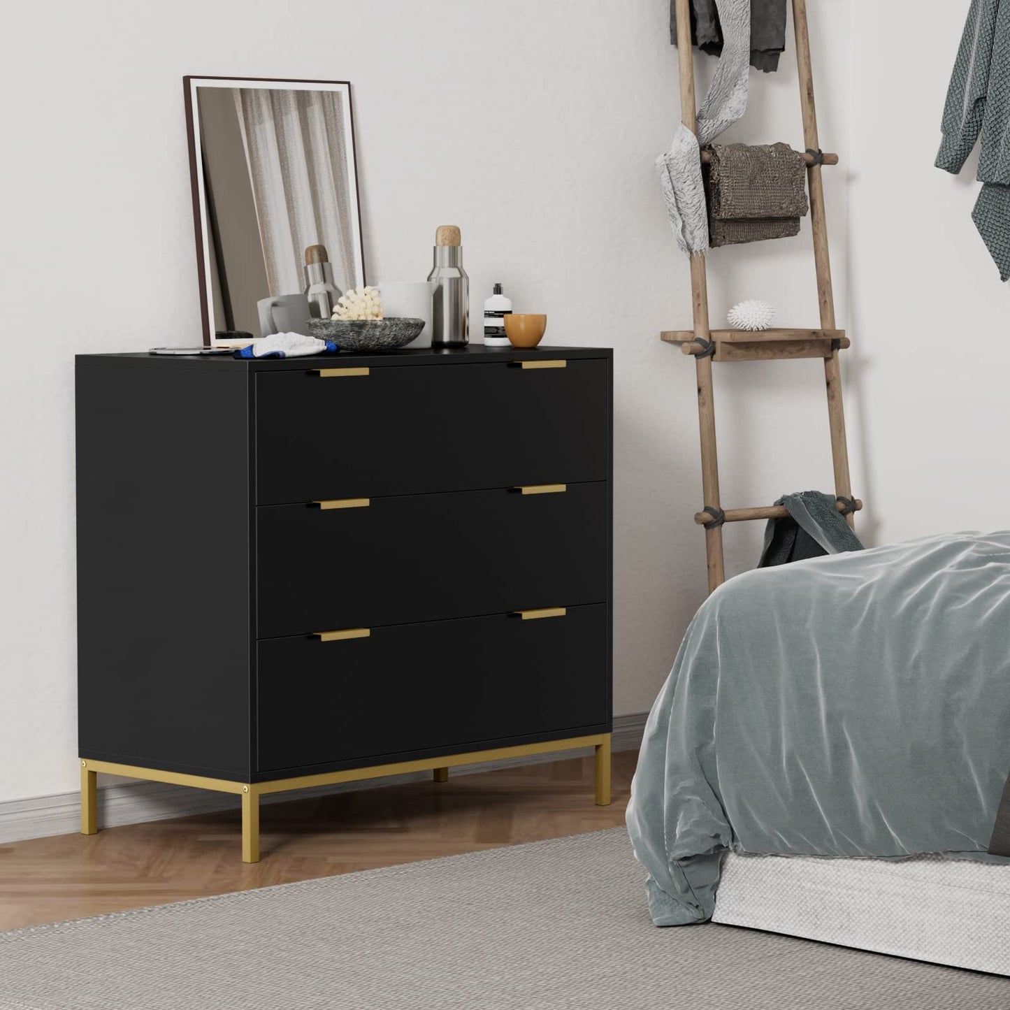 Yvsevnr Black Chest of Drawers Bedroom Wooden 3 Drawers Dresser with Spacious Storage Clothes Drawers with Sturdy Handles & Legs for Bedroom