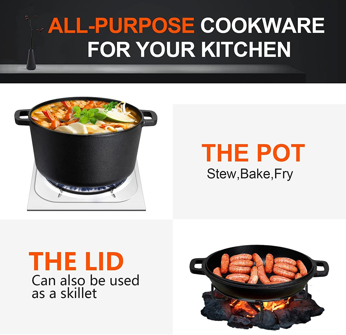 Overmont 2 in 1 Cast Iron Dutch Oven with Cookbook Recipe 5 QT Dutch Oven Pot + 1.6 QT Dual Function Skillet Lid Pre Seasoned with Handle Covers for