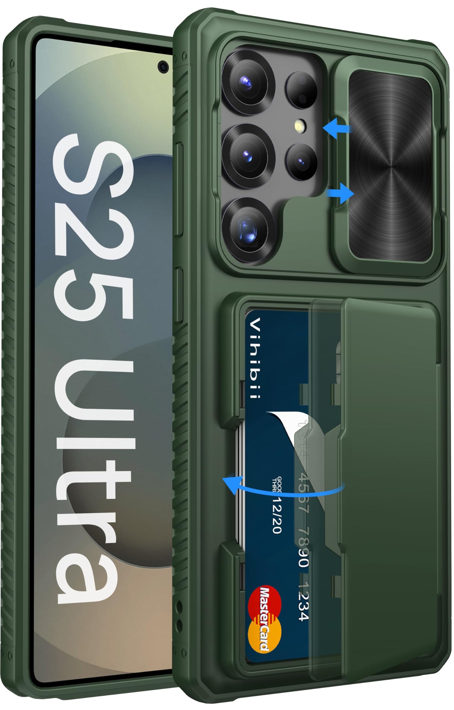 Vihibii for Samsung Galaxy S25 Ultra Wallet Case, Built-in Card Holder (4 Cards), [RFID Blocking] & Slide Lens Cover, Military Grade Drop Protection,