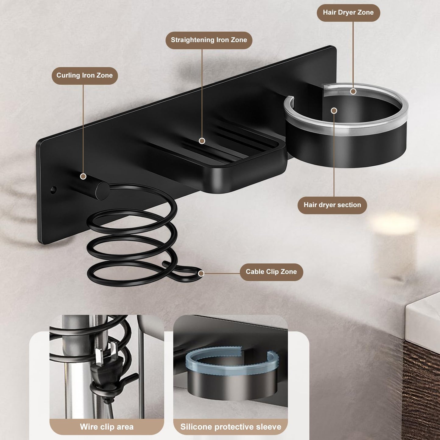 Hairdryer wall rack – bracket with cable tray, drilled and non-drilled mounting, rustproof bathroom organizer for hairdryer and styling tools