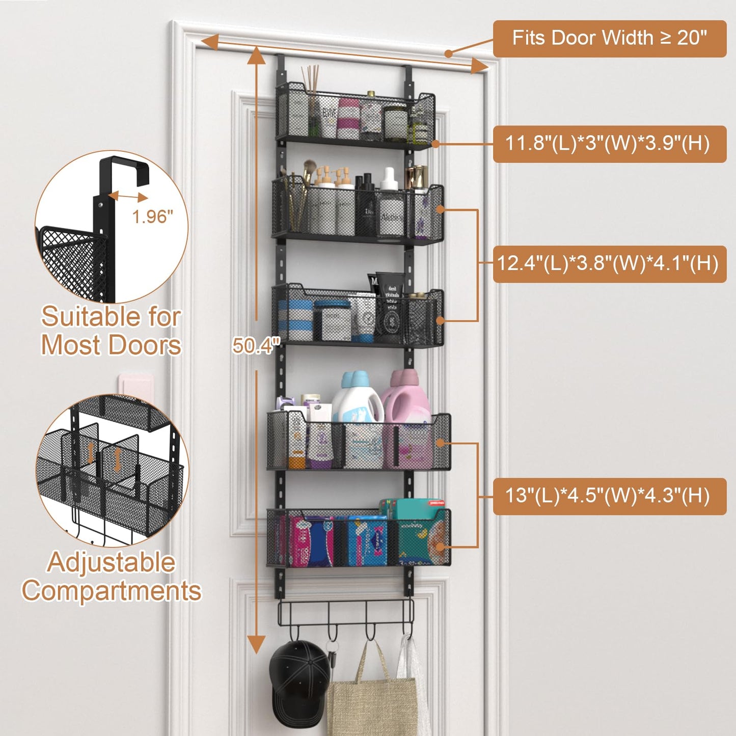 VyGrow Over The Door Storage, Metal Door Organiser Hanging with 5 Adjustable Baskets and Coat Hook