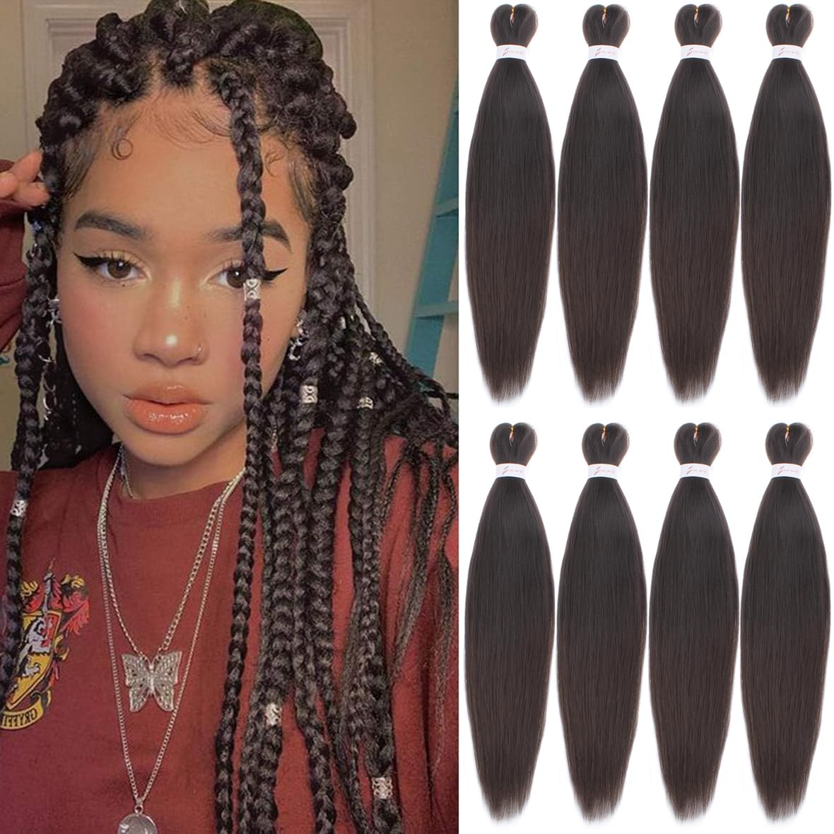 Leeven 8 Packs Pre Stretched Braiding Hair Extension 26'' Yaki Straight Texture Easy Braid Profession Braids for Making Jumbo Braid Hair Pre-stretched