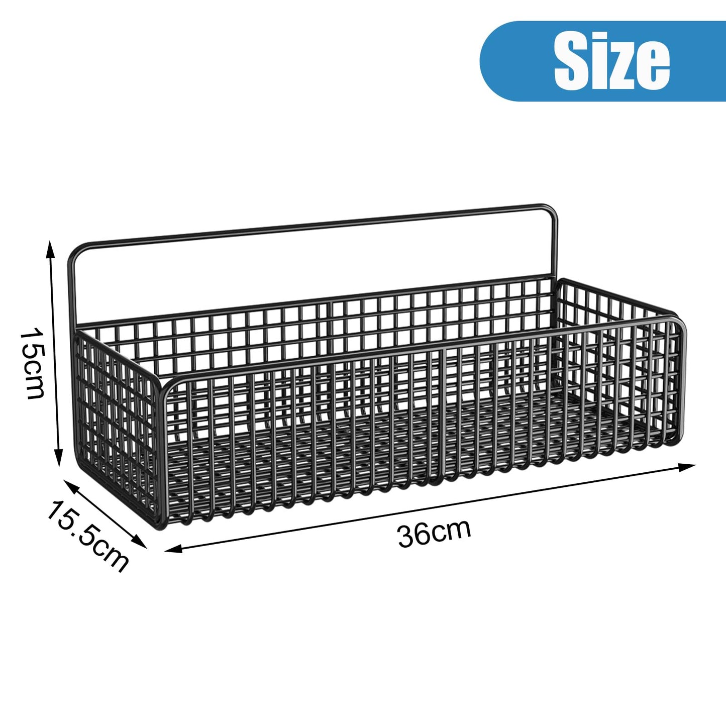 KOLAKO Wire Storage Basket, Self Adhesive Shower Storage Caddy Black, No Drilling Metal Shower Organiser, Wall Mounted Shampoo Holder