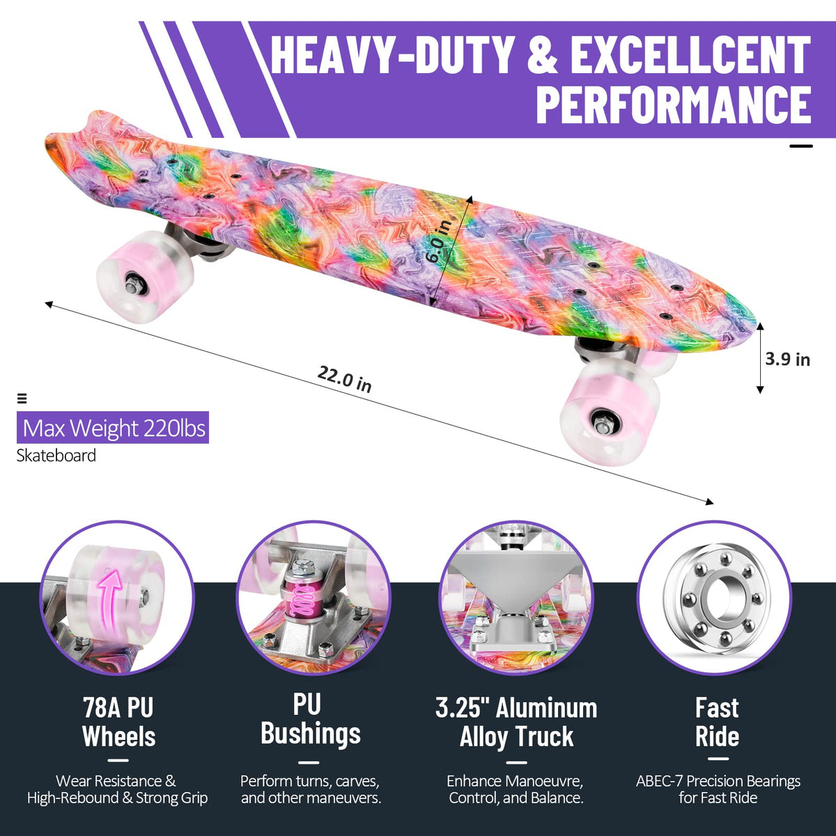 BELEEV 22 inch Skateboards for Kids, Cruiser Skateboard for Girls Boys Teens Adults Beginners, LED Light up Wheels, Mini Skateboards Classic Complete