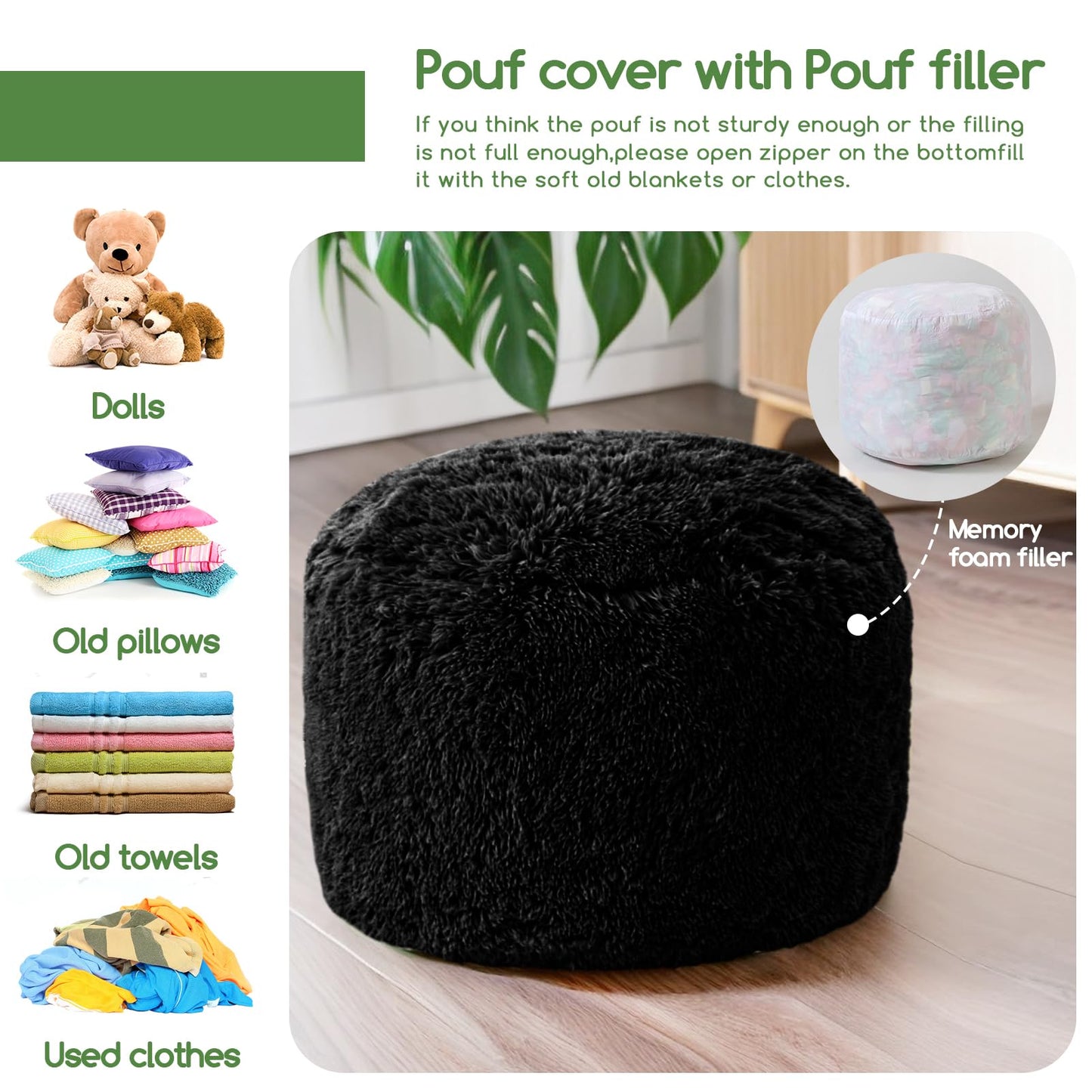 HIGOGOGO Faux Fur Beanbags Round Footstool Bean Bag Pouf with Foam Chunk Filling, 50 x 35 cm Floor Poufs Foot Rest for Living Room, Black