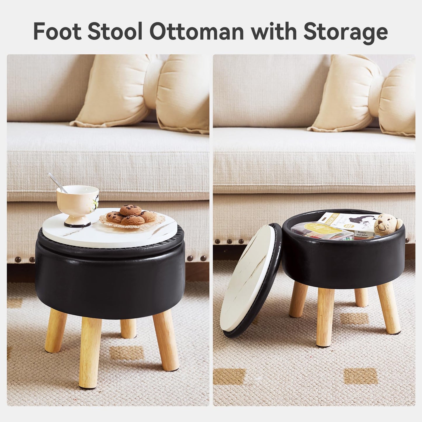 IBUYKE 13 Inch Small Footstool Ottoman with Storage, Round Pouffe Foot Rest with Padded Seat and Wood Legs