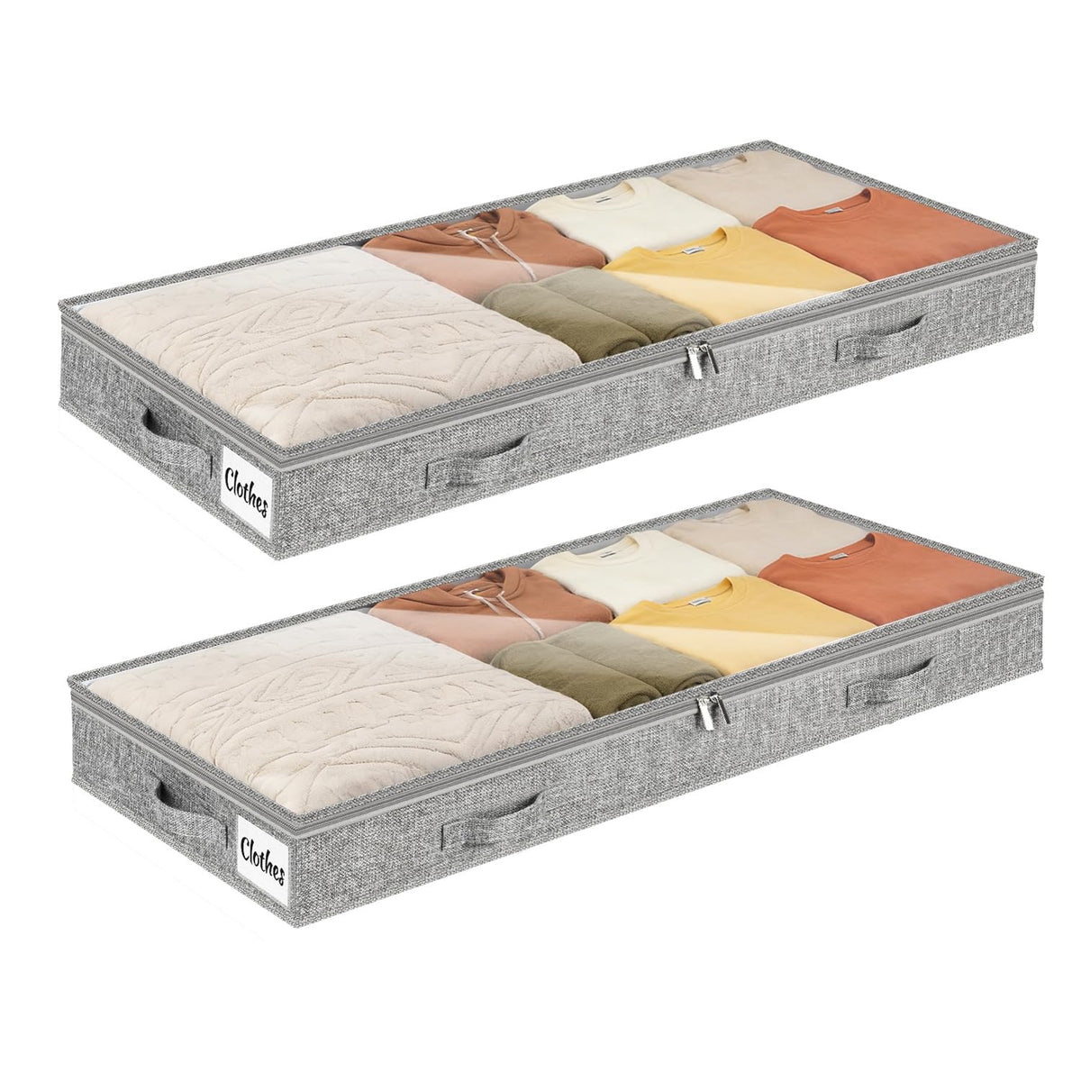 10cm Tall 2 Pack Underbed Storage Bags, Low Profile Under bed Storage Box with lid, Foldable Clothes Storage Bags with Sturdy Zip, PVC Window