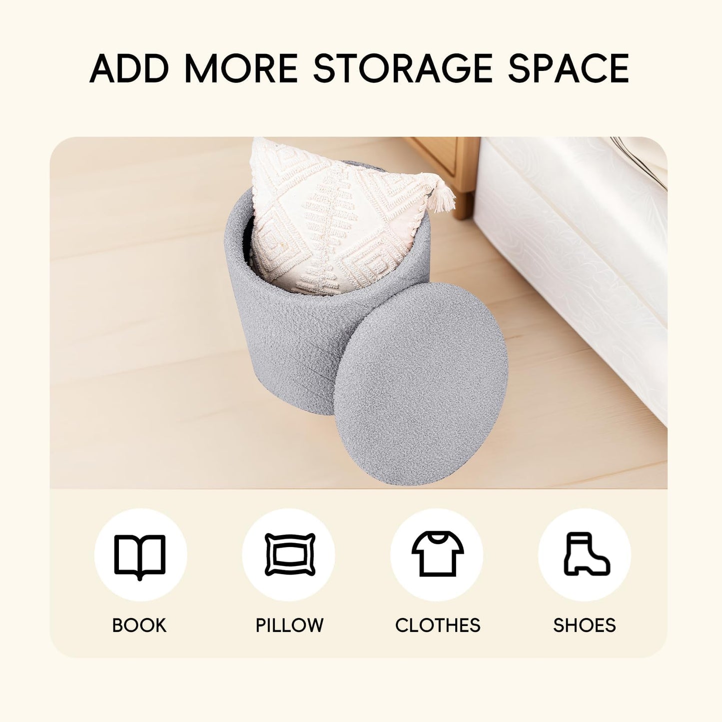 PINPLUS Round Ottoman Storage Box, Folding Stool, Grey, 43x43x45 cm