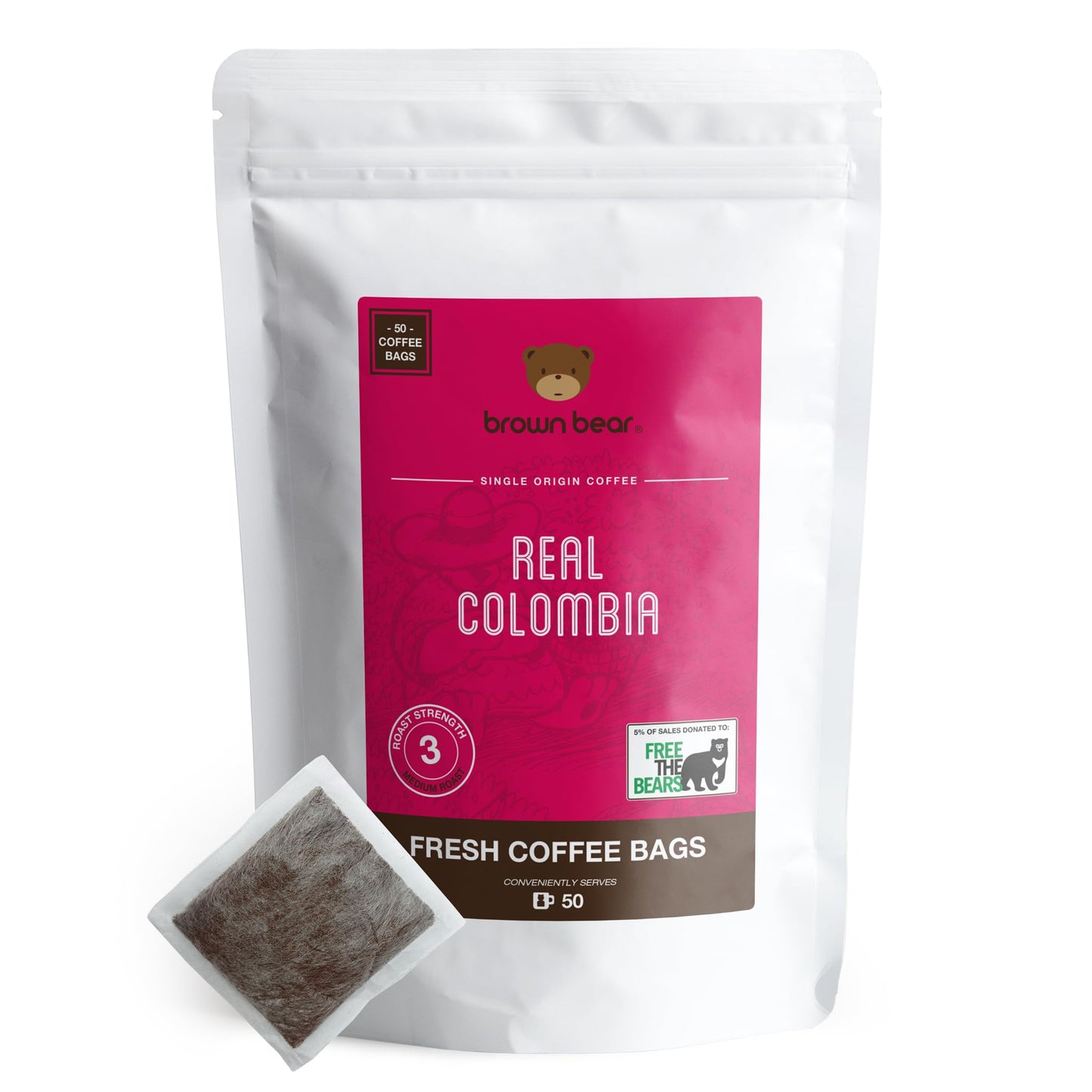 Colombian Coffee Bags - Pack of 50 - Medium Roast - Brown Bear Real Colombia - Strength 3 - Donation to Free The Bears - Individual Arabica Ground