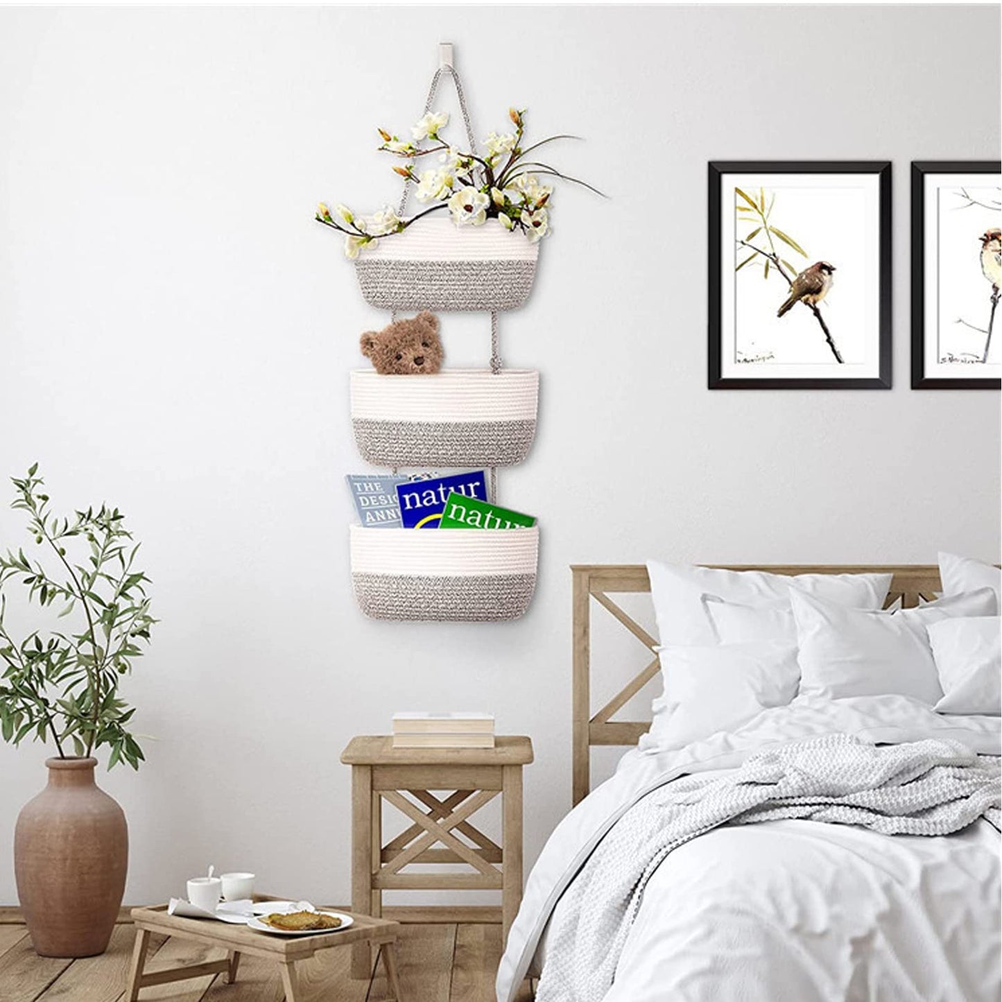 URCheers 3-Tier Over the Door Hanging Basket, Wall Mount Hanging Storage Organiser Woven Rope