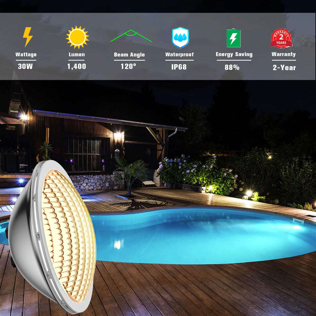 LyLmLe PAR56 Swimming Pool Lights 30W Underwater Lights LED Submersible Waterproof IP68 12V DC/AC,3000K Warm White