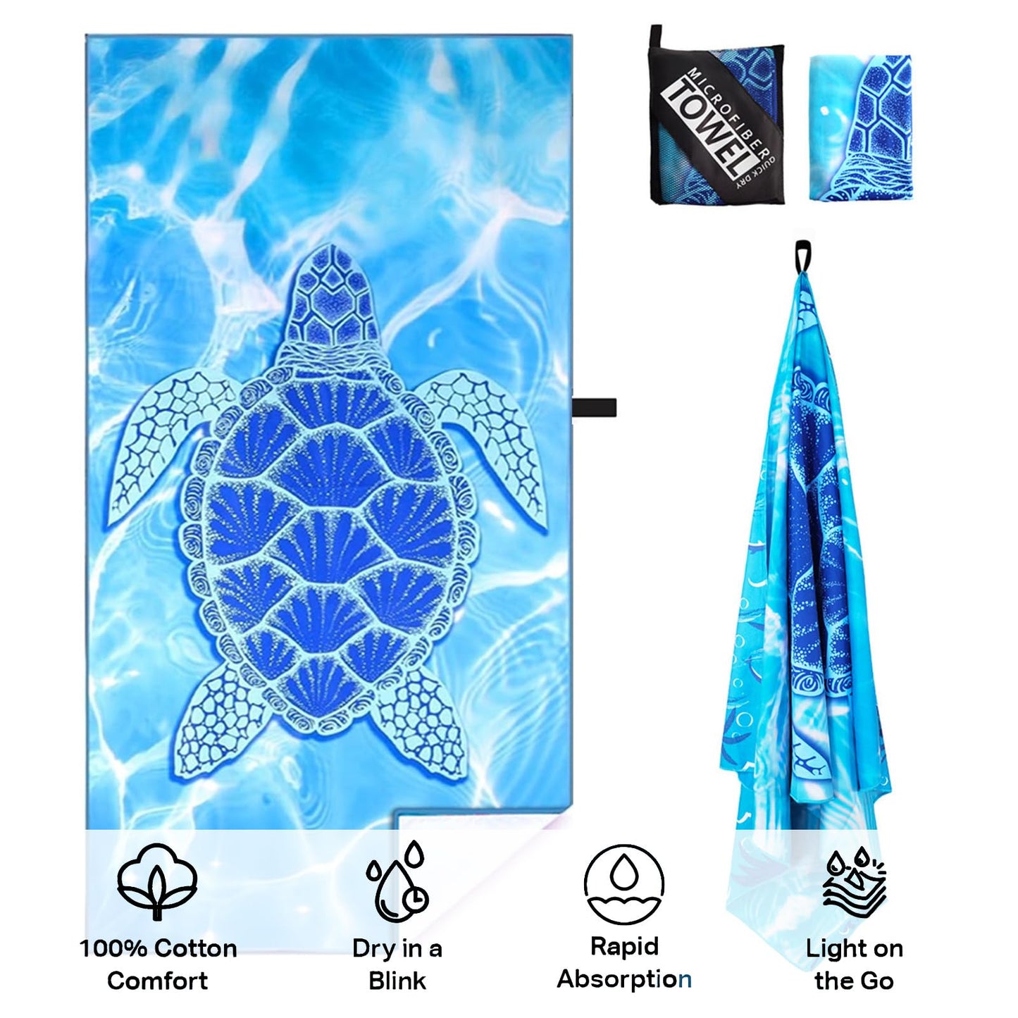 Mienocol Large Quick Dry Microfibre Beach Bath Towel for Adult,Blue Turtle Sand Free Beach Towel with Bag,Lightweight Gym Yoga Sports Towel,Compact