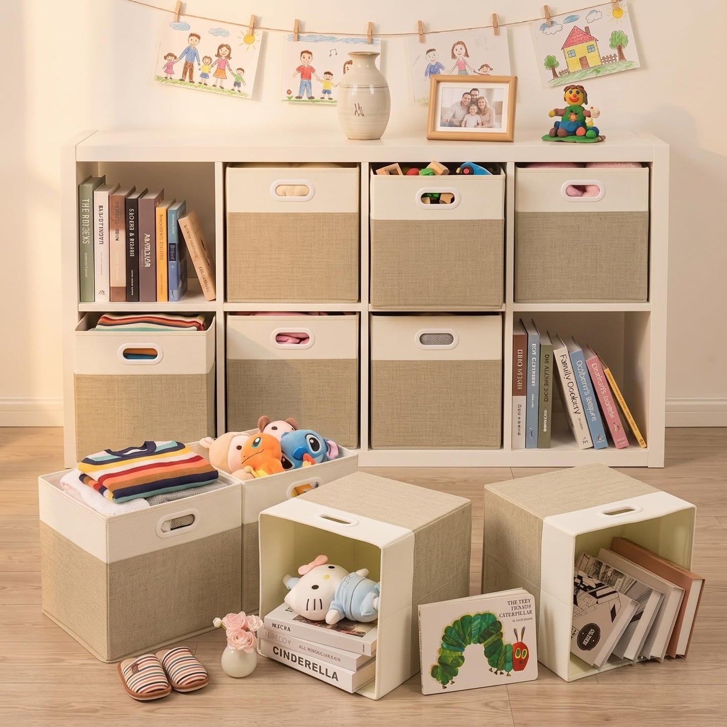 SOCOHOME Fabric Storage Boxes,30x30x30cm Storage Cube, Foldable Storage Baskets for Shelf Nursery Closet(Light Khaki/Cream White, 3 Pack)
