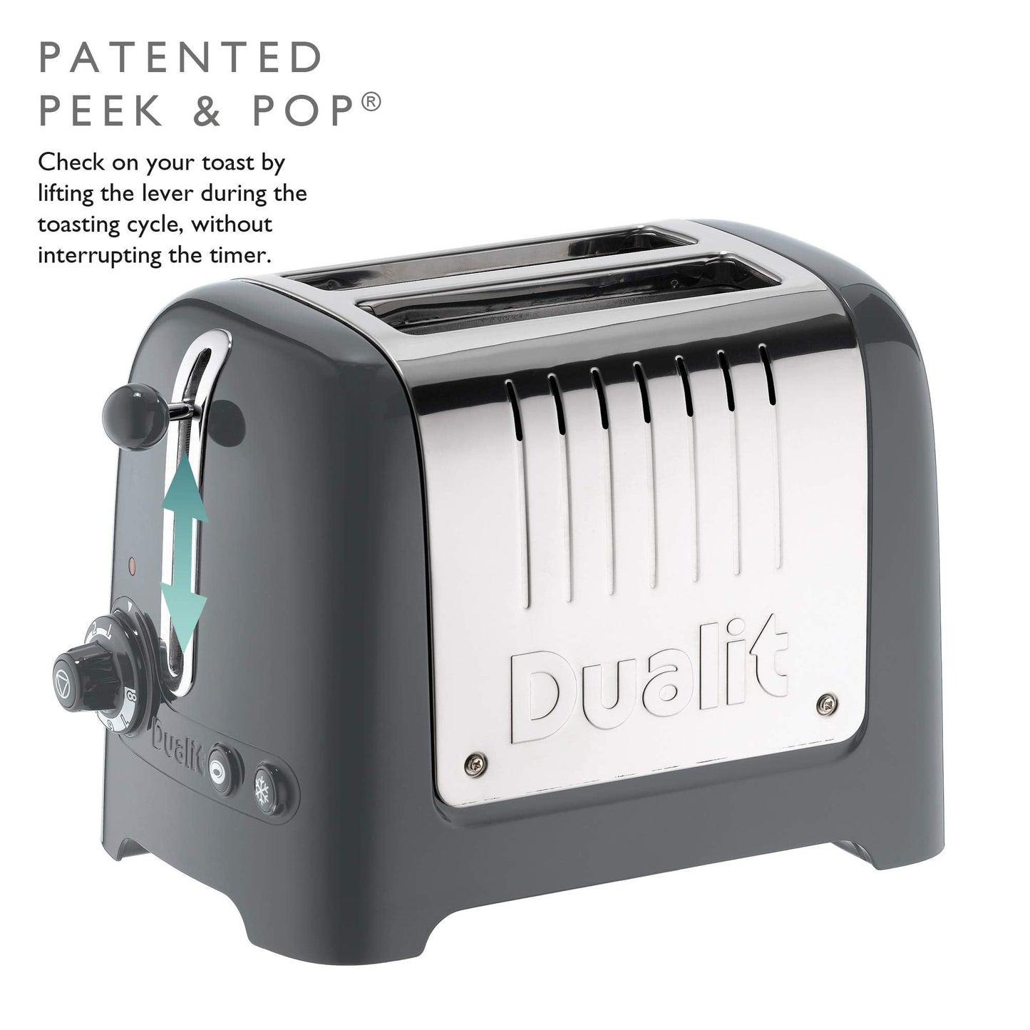 Dualit 2 Slice Lite Toaster | 1.1kW Toasts 60 Slices an Hour | Polished with High Gloss Grey Trim | Bagel & Defrost Settings | 36 mm Wide Slots |