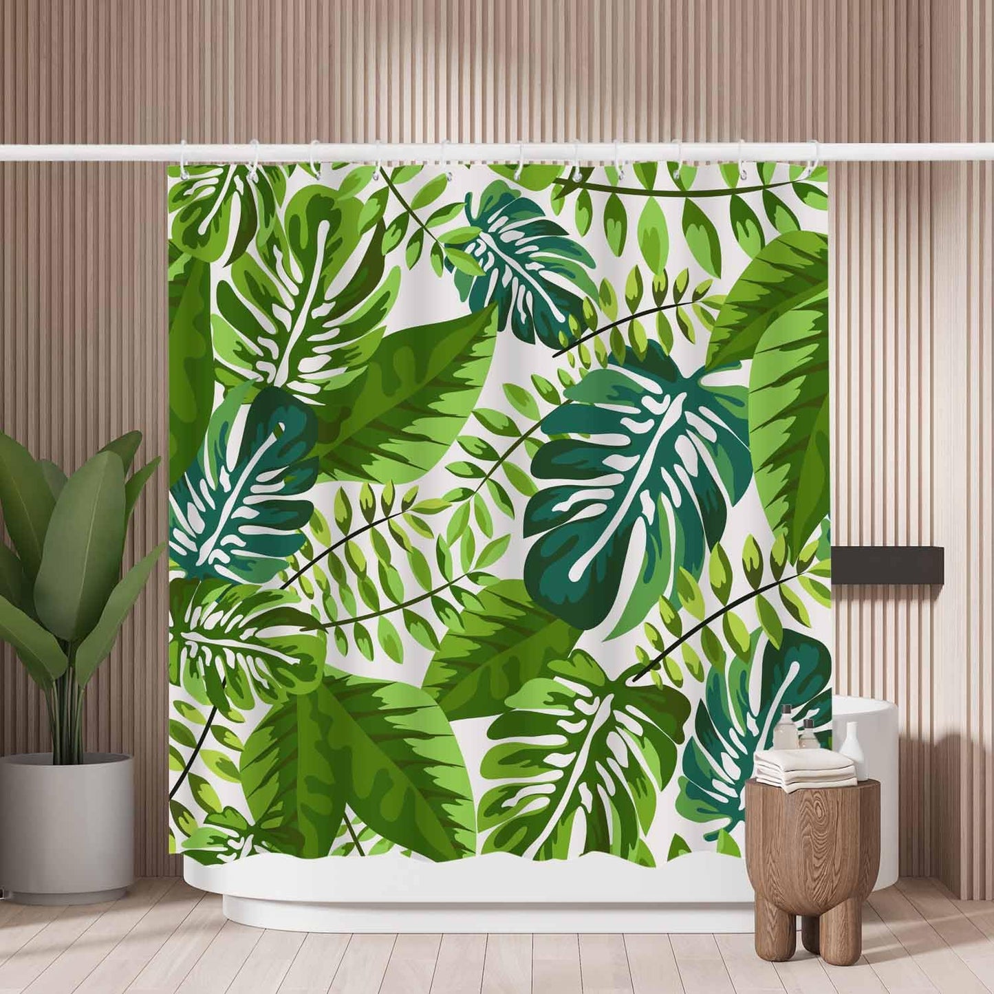 Woutay Shower Curtain Water Repellant Fabric Green Tropical Leaves,Mould Proof Resistant,Polyester,Size 180x180CM