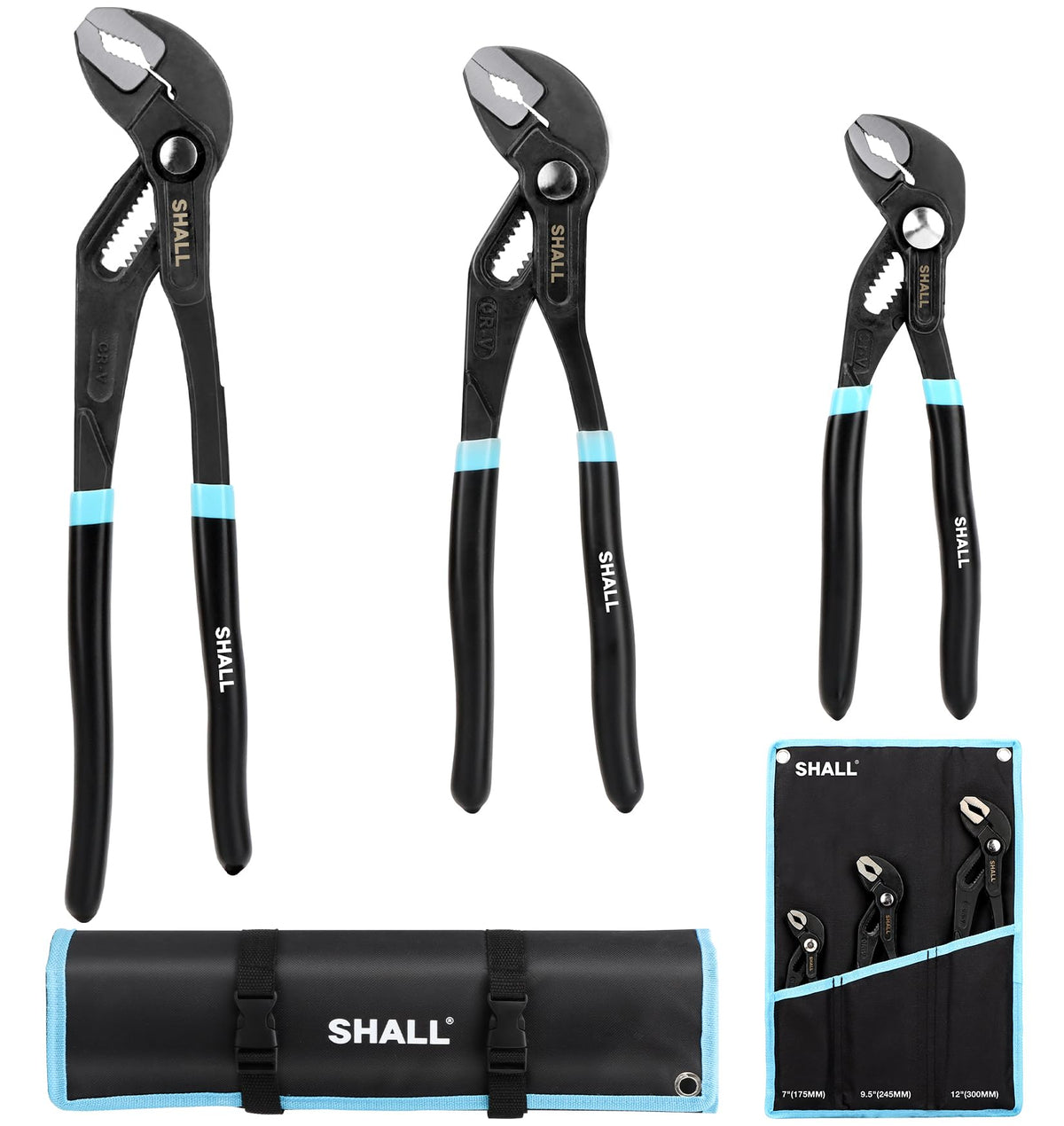 SHALL 3-Piece Groove Joint Pliers Set (12, 9-1/2, 7 Inch), Push-Lock Water Pump Pliers in Cr-v Steel, Fast Adjustable Tongue and Groove Pliers with