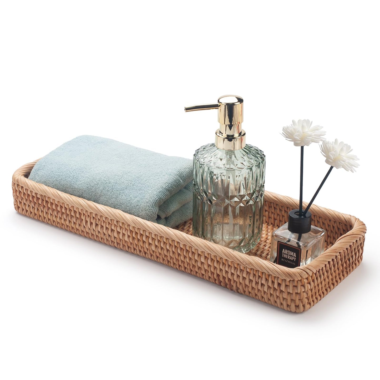 Rattan Bathroom Vanity Tray, Toilet Tank Basket Tray for Paper Hand Towel, Bathroom Counter Tray for Organizing and Decor (Natural, 41.5 x 15.5 x 5