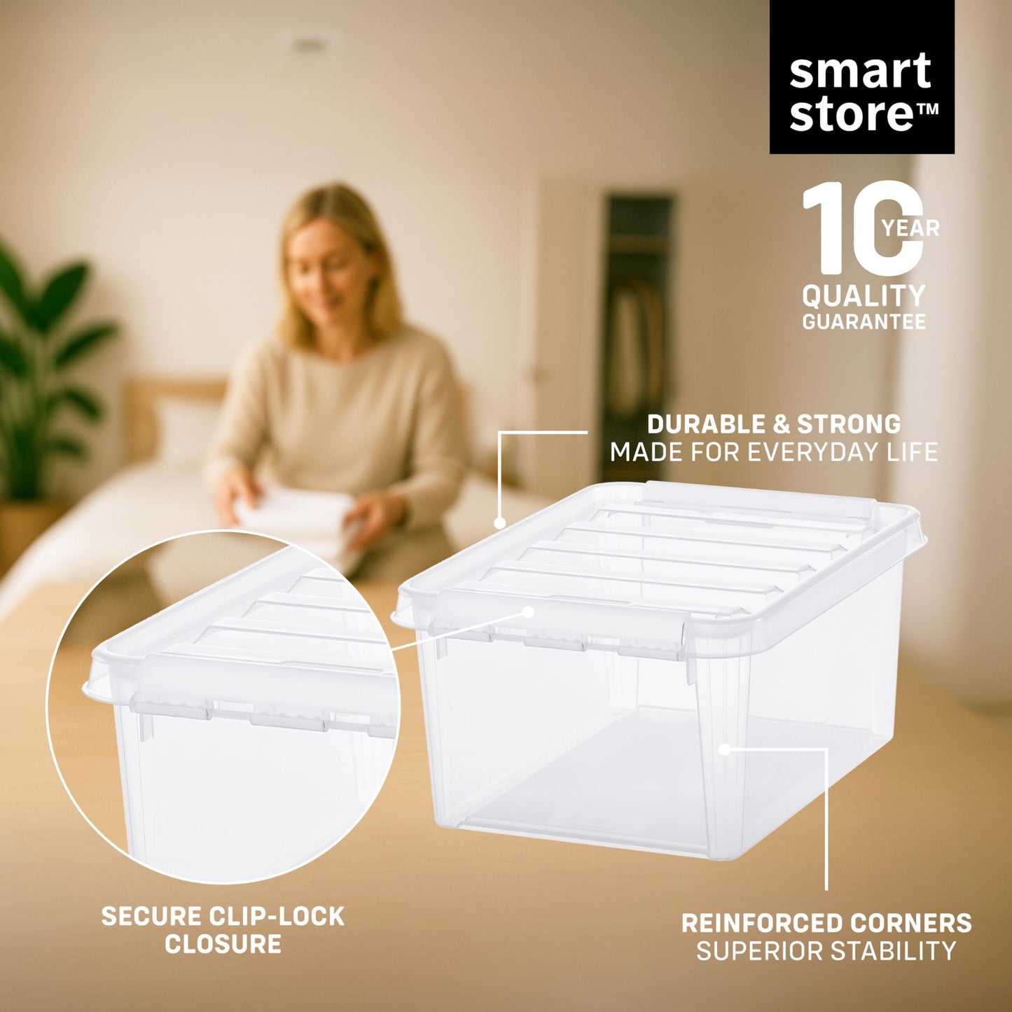 SmartStore - 4x Plastic Storage Box with Lid Classic 8L (34x25x16cm) |Plastic Storage Drawers with Lid|Food-Safe Material|Kitchen &
