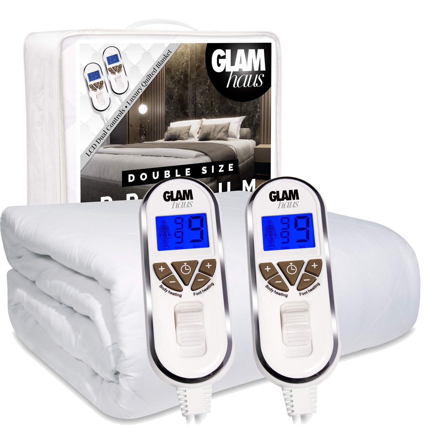 GlamHaus Double Size Electric Blanket - Fitted Mattress Bed Cover - Premium White Diamond Quilted - 9 Heat Settings for Feet and Body, Timer, Dual