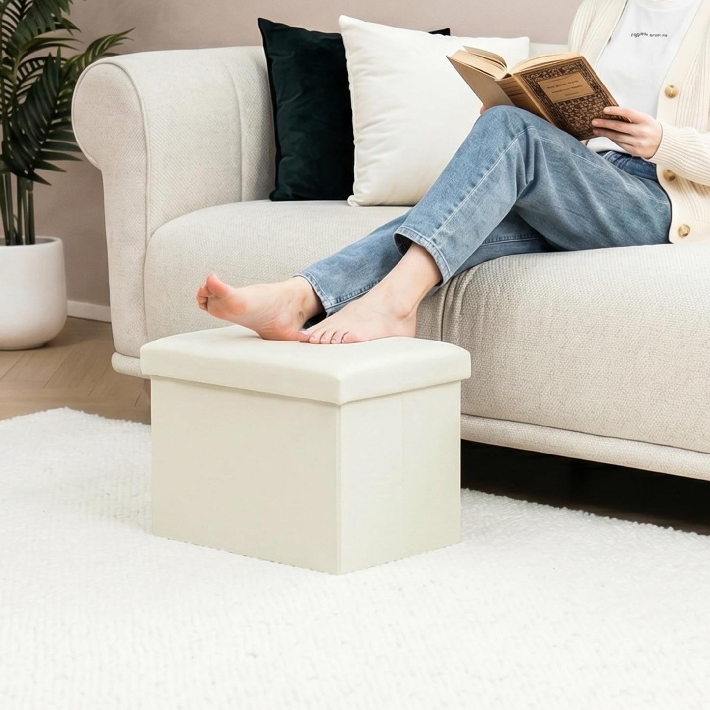 PINPLUS Folding Storage Box Ottoman, Linen Small Footstool, Cream White