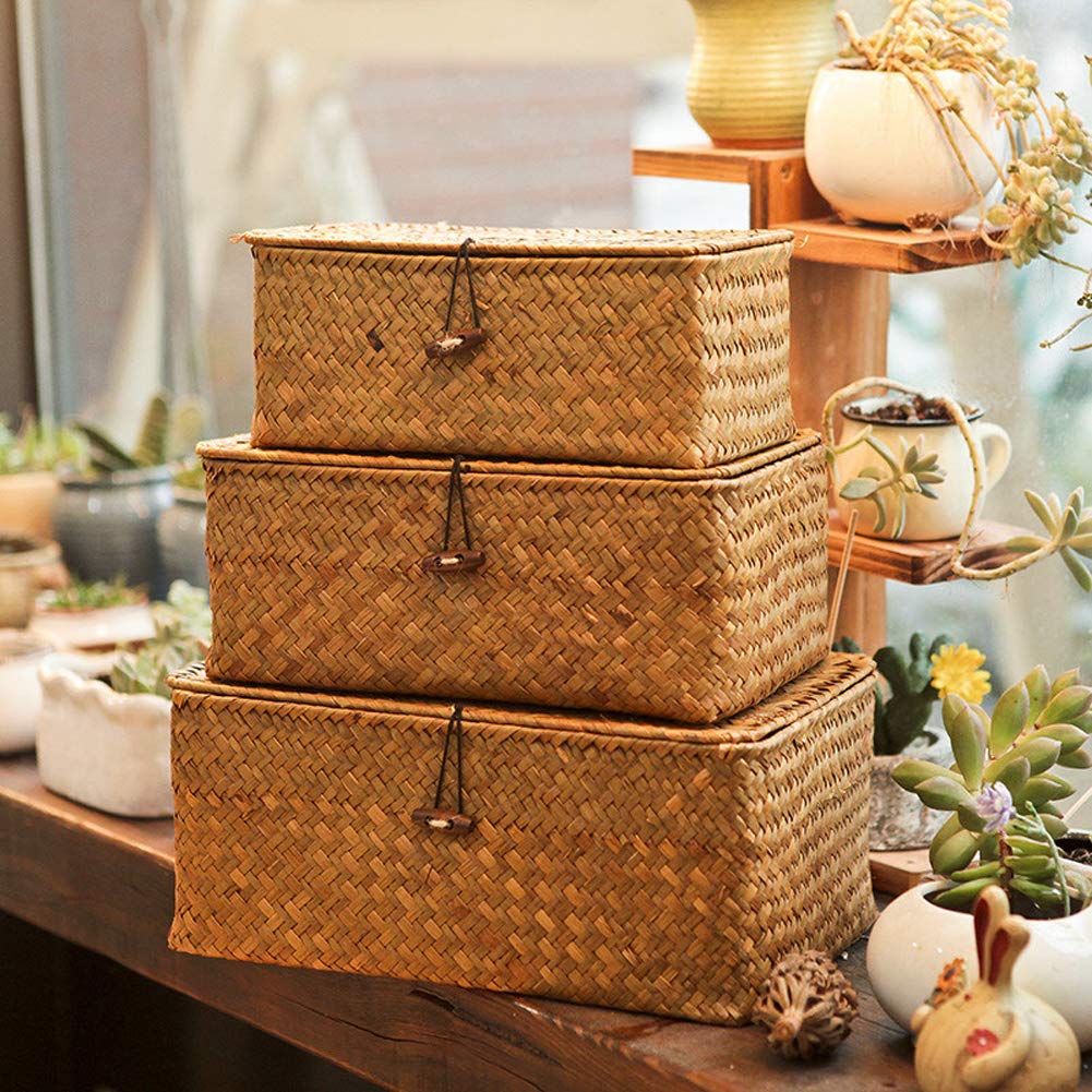 Rectangular Storage Basket with Lid for Shelf Handmade Seagrass Rattan Woven Makeup Organizer Multipurpose Container Box 3Pcs