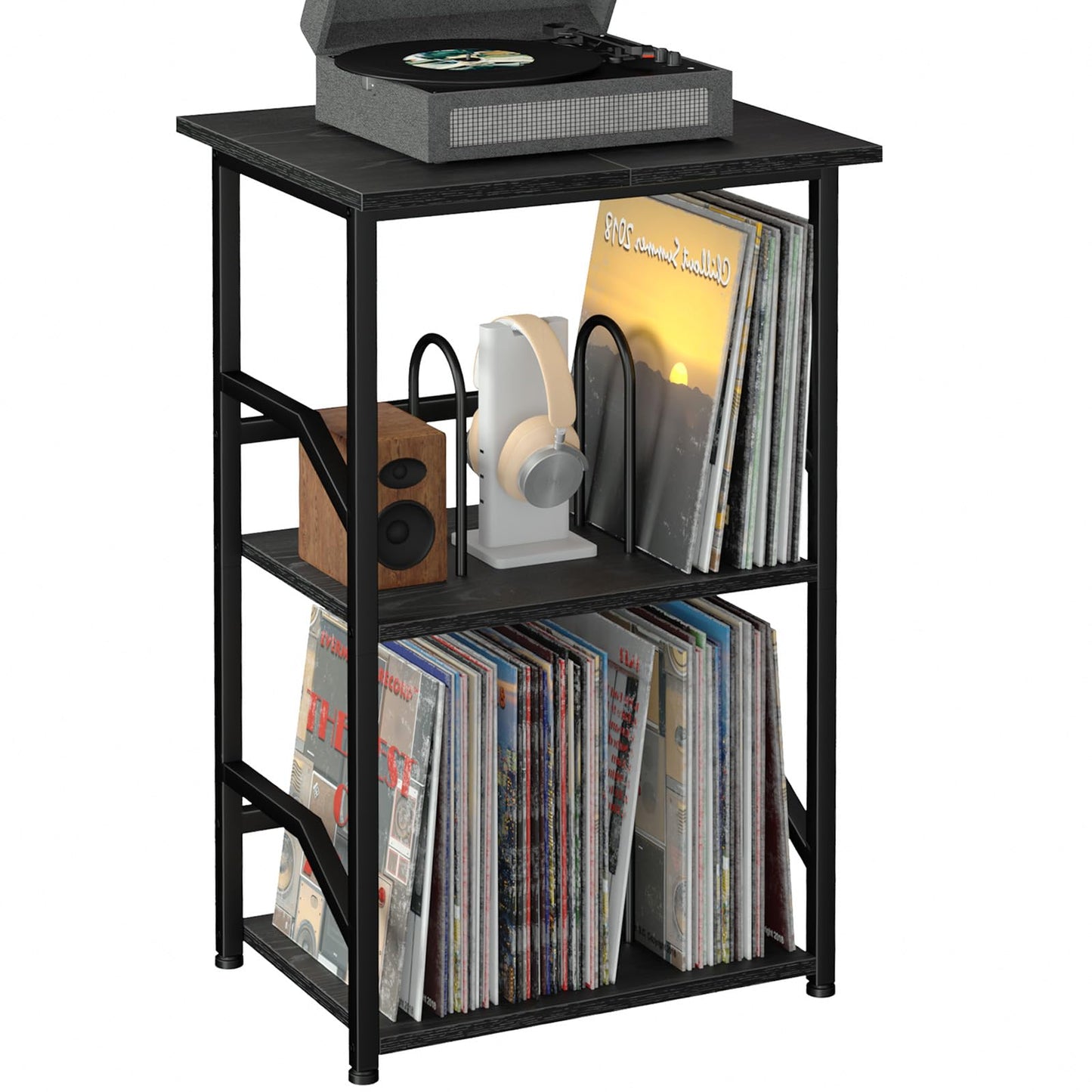 LOAKEKEL Record Player Stand, Vinyl Record Storage with Extra-Large Desktop