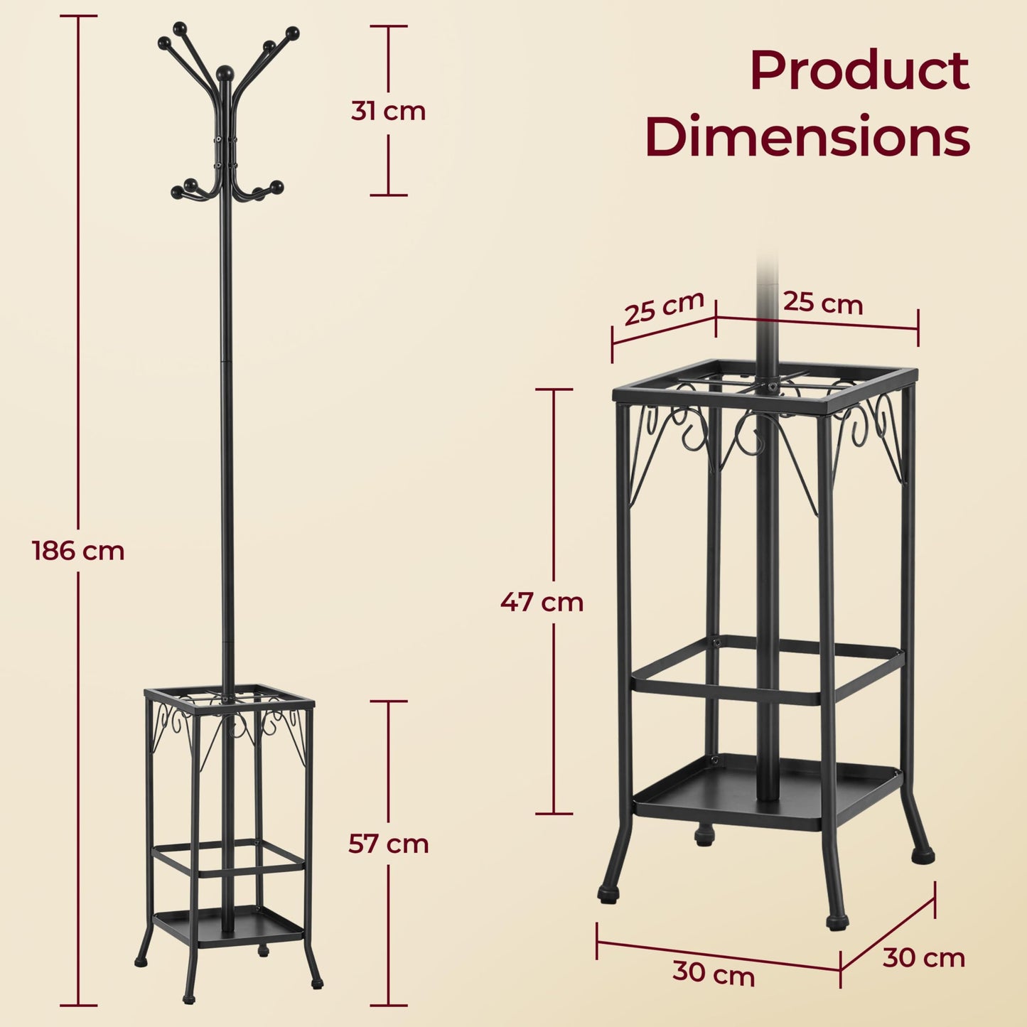 Yaheetech Metal Coat Rack Stand with Umbrella Holder & 8 Hooks, Black