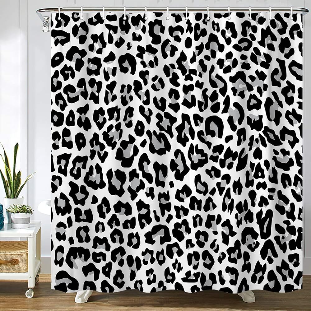 GardEssere Grey Leopard Print Curtain with 12 Hooks Snow Cheetah White Animal Pattern Fur Shower Curtains for Bathroom Decor Waterproof Bath Curtain