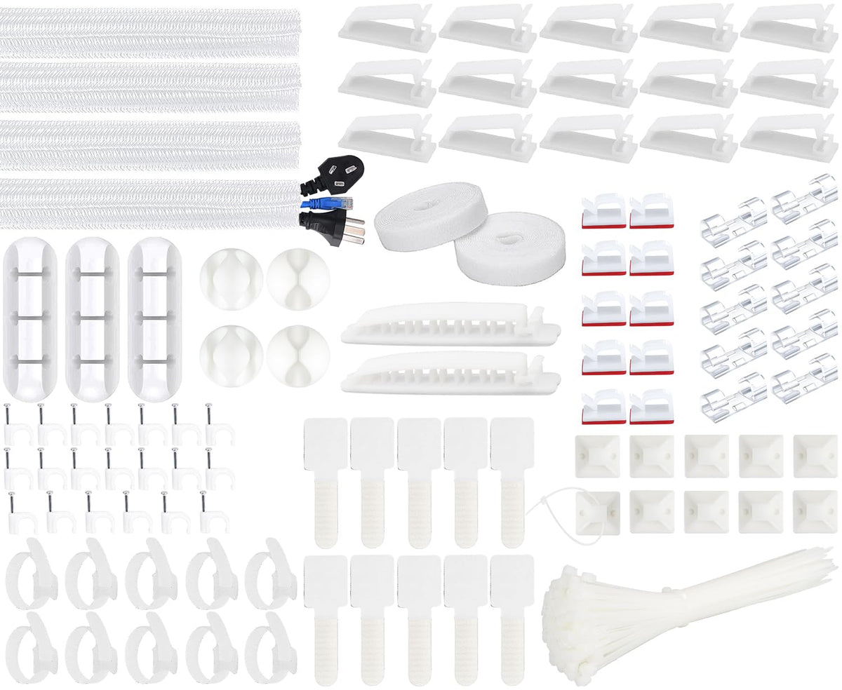 SOULWIT 200PCS Cable Management Kit,4 Cable Sleeves,37 Cable Clips,7 Cable Holders,10 Zip Tie Mounts,20 Cable Clip Nails,100 Cable Fastening Ties,20+2