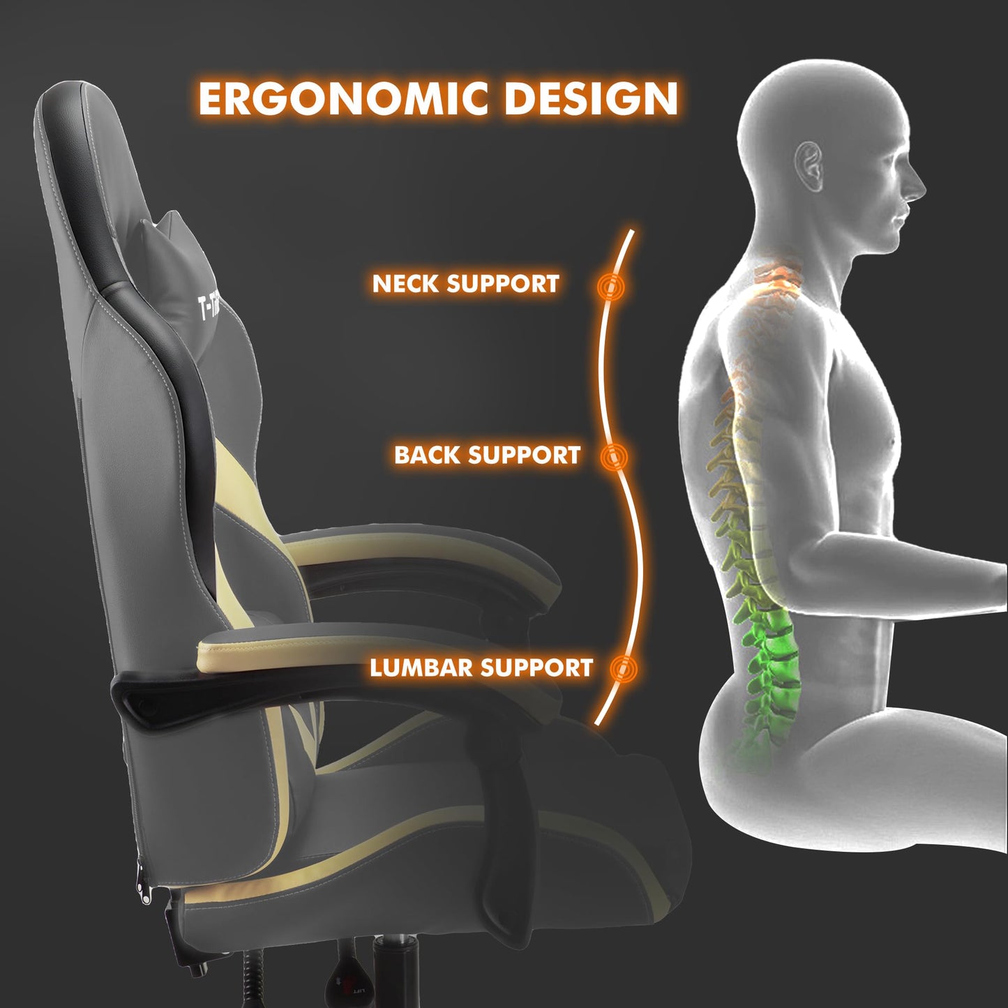 T-THREE.Ergonomic high-back gaming, computer, office, study, swivel, and racing-style chair with adjustable lumbar and headrest support, 150kg weight
