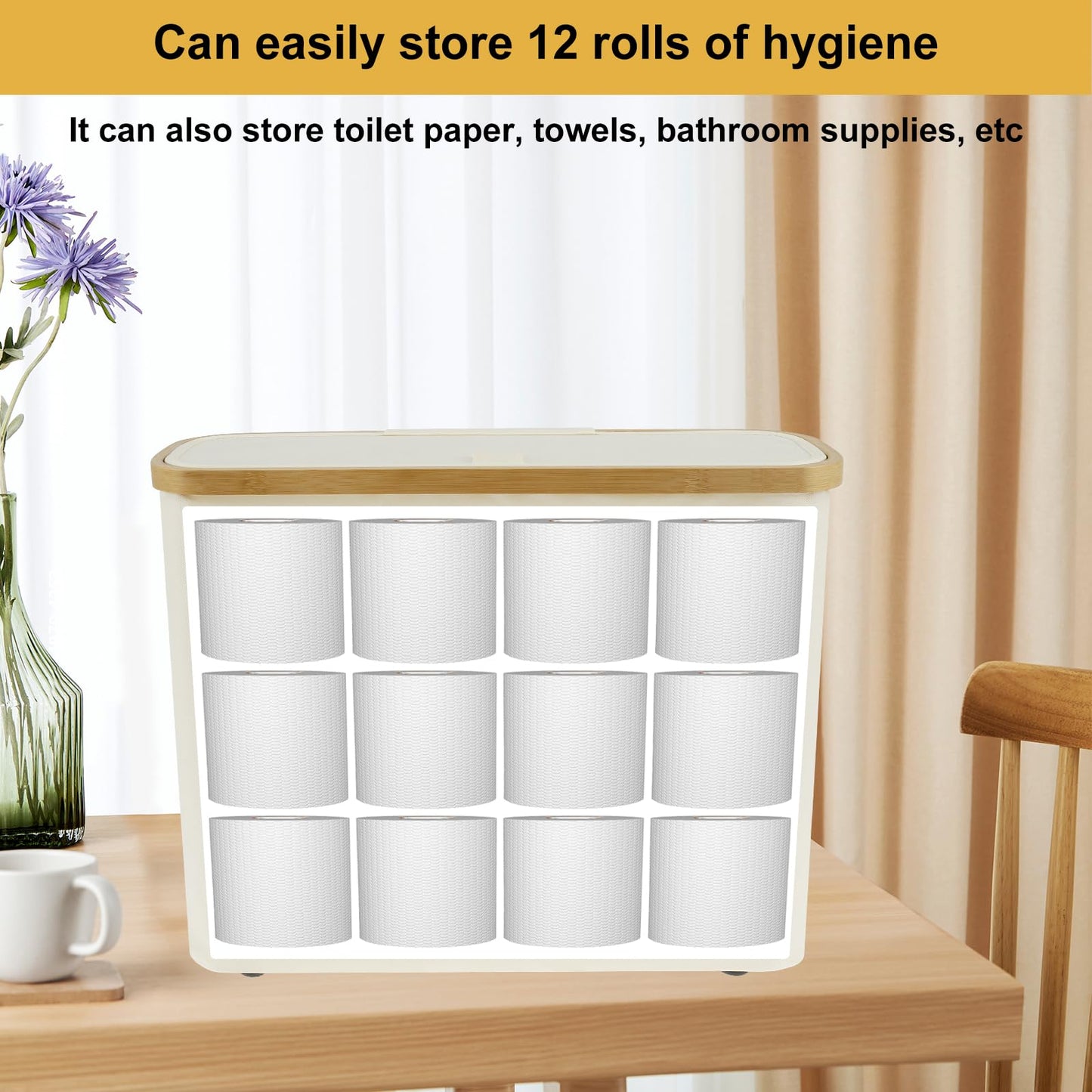 Toilet Roll Storage, Bathroom Storage Box Holder Stand with Side Window and Lid, Multifunctional Toilet Paper Basket Cabinet