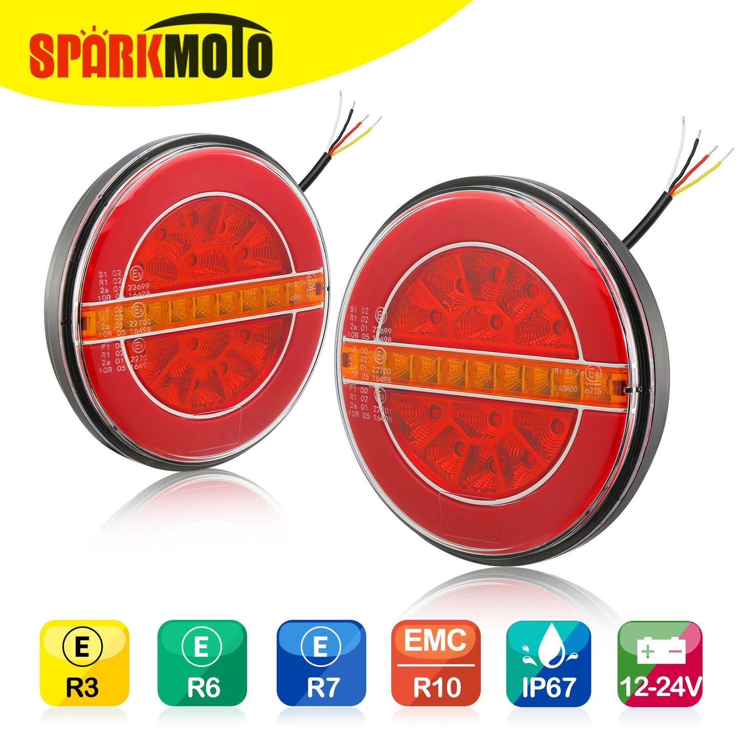 SPARKMOTO 2 x LED Trailer Lights Round,12V 24V Universal Led Trailer Tail Lights,Submersible Round Led Hamburger Lights For Truck Lorry Trailer