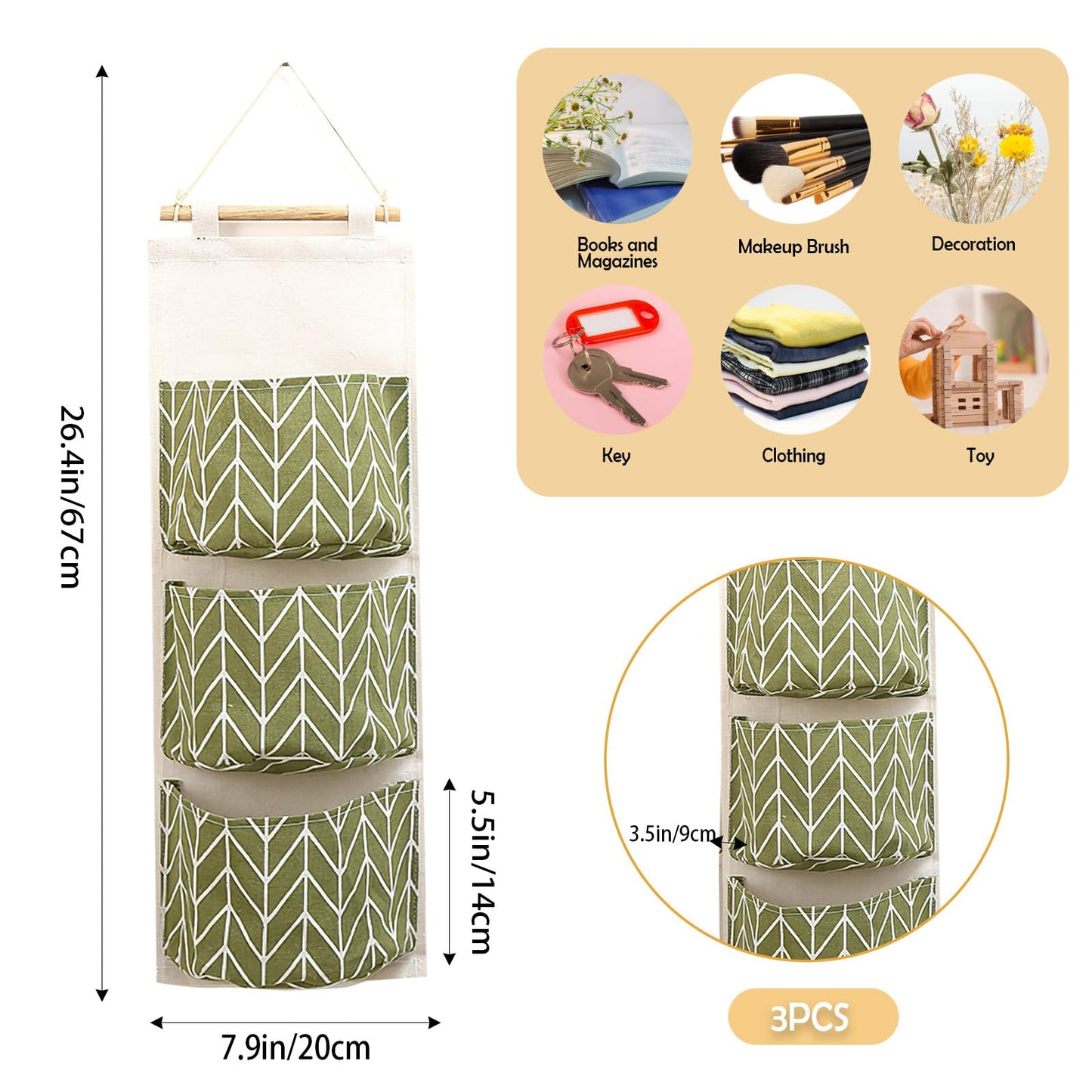 3-Pack Wall Hanging Storage Bags – Over-The-Door Organizers with 3 Large Pockets (6.3" × 5.1"), Hanging Closet & Pantry Organizer for Bedroom