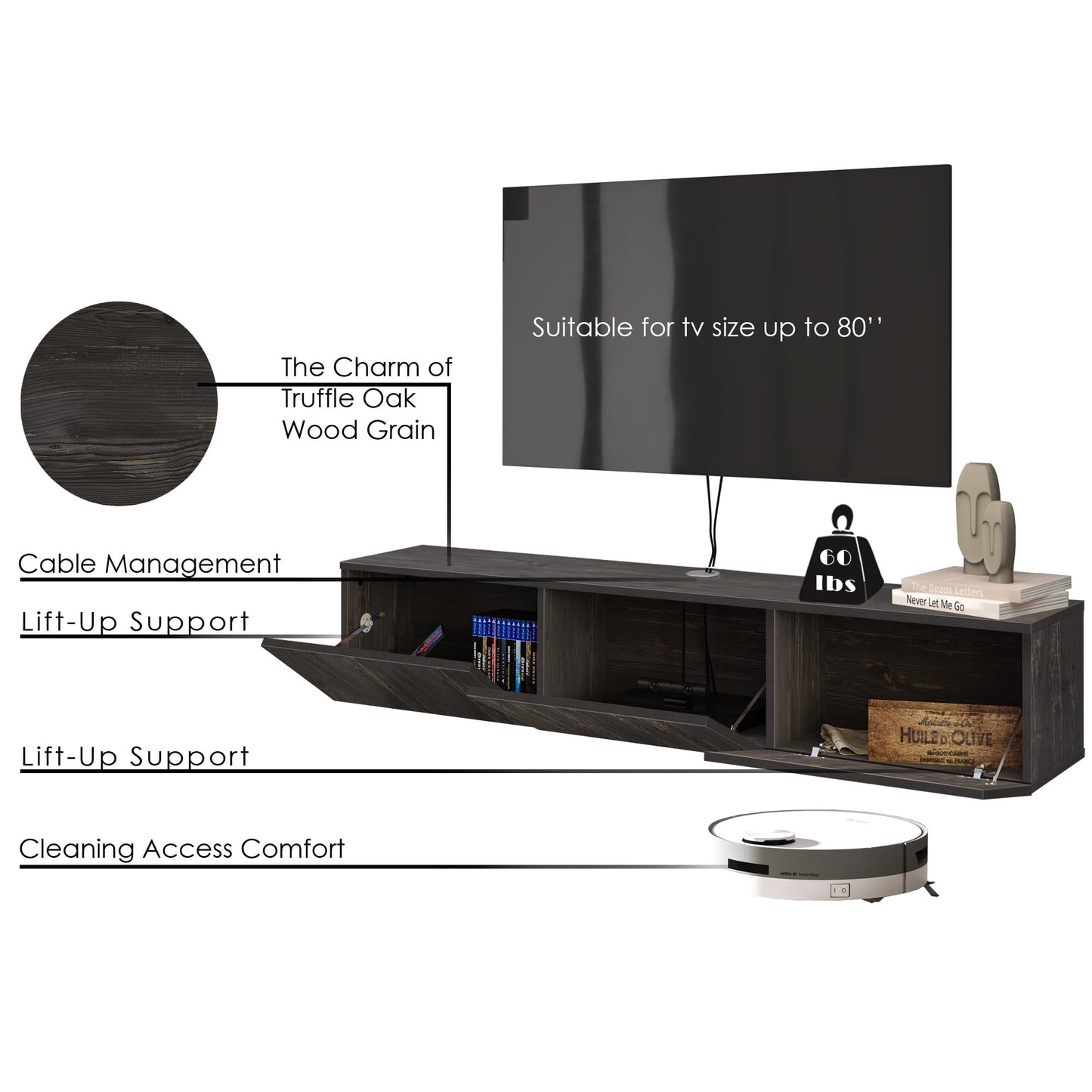 Atelier Mobili Black Floating TV Stand, TV Stand 65 Inch, Floating Entertainment Center for 80 inch TV, Black TV Cabinet, Floating TV Shelf Under TV