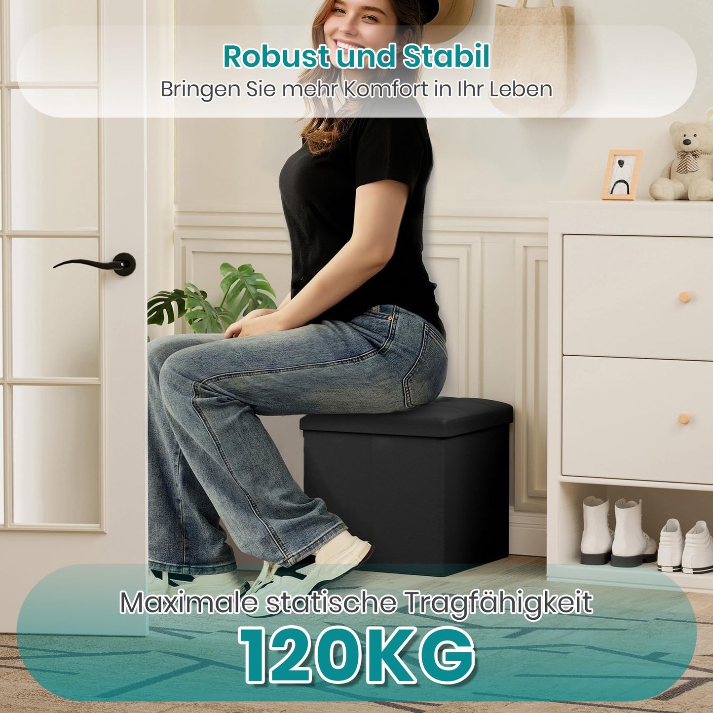 Oak & Tea PU Leather Storage Ottoman, Foldable Seat Stool with Storage, Small Cube Footrest Pouffe, Compact Storage Bench for Living Room, Bedroom