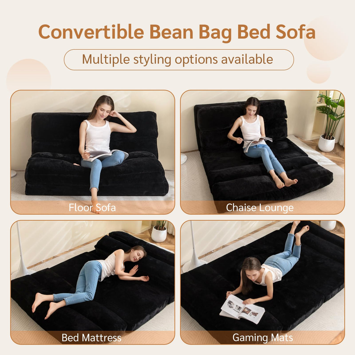 MAXYOYO Bean Bag Bed Folding Sofa Bed Floor Mattress for Adults, Extra Thick 6 Fold Floor Sofa Floor Couch for Bedroom Living Room, Black, 100x240 cm