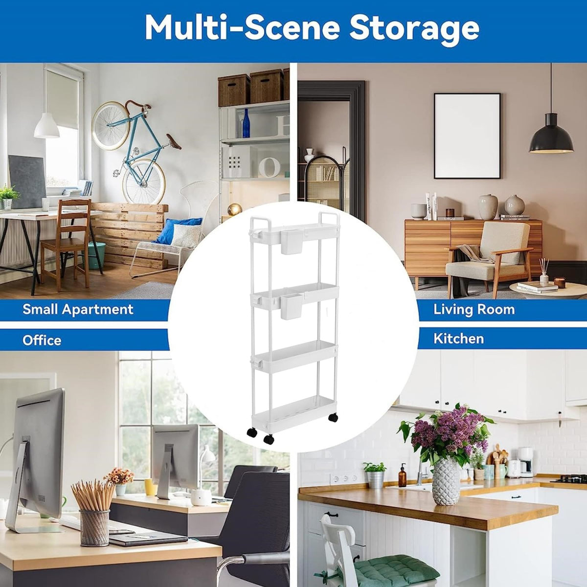 Queta Storage Trolley, Kitchen Storage Utility Cart Mobile Shelving Unit with Handle Hook Slide Out Storage Rack for Office, Kitchen, Bedroom