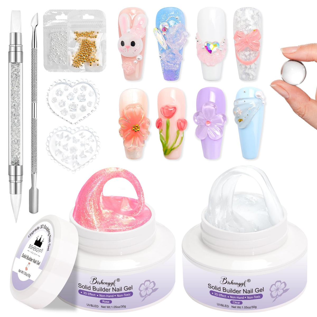 BISHENGYF 3d Nail Gel,2pcs Mermaid Pearl & Clear Solid Builder Gel for Nails,30g No Stick 3d Nail for Extension Carving,5d Pink Patterns for Manicure